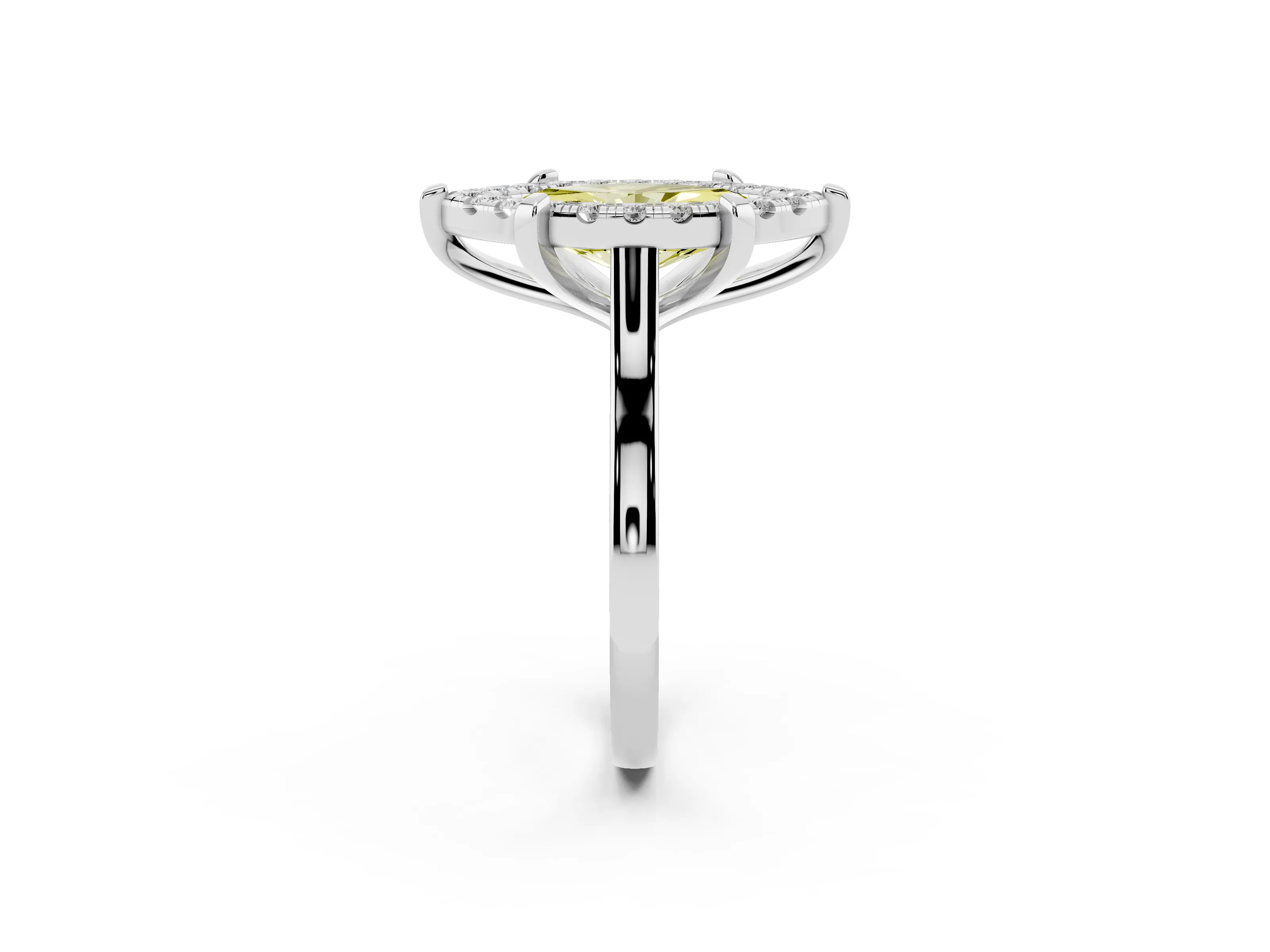 Fancy Yellow Marquise Cut Diamond Cluster Halo Solitaire Ring Set in White gold with Prong Setting
