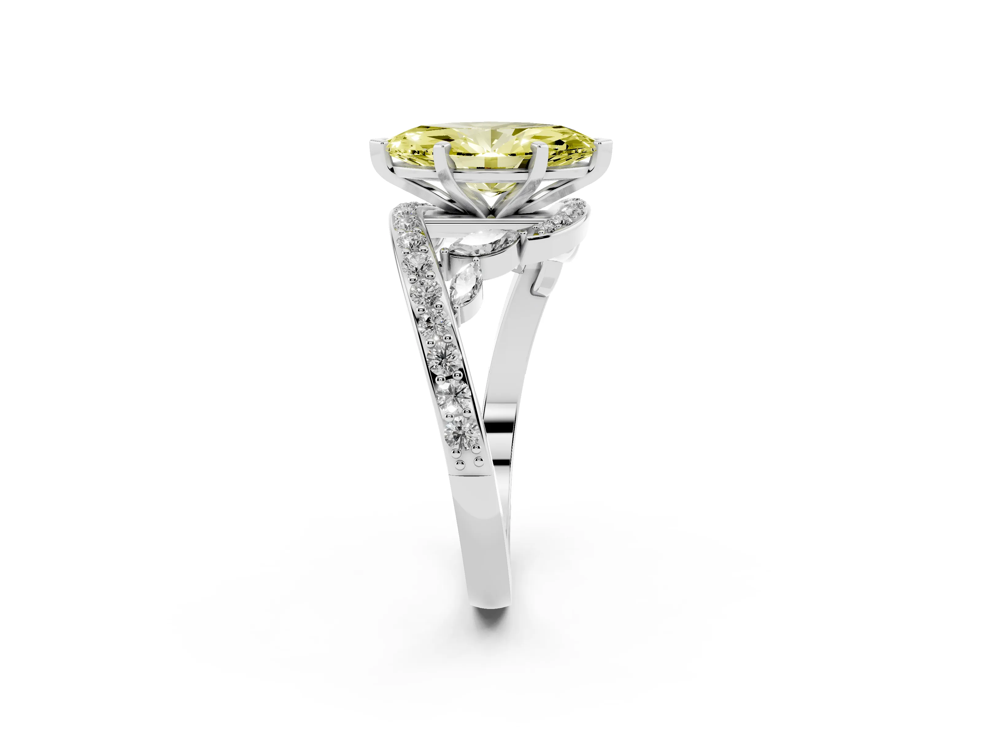 Fancy Yellow Marquise Cut Diamond Solitaire Ring Set in Platinum with Pavé Twist Band and Secure Prong Setting