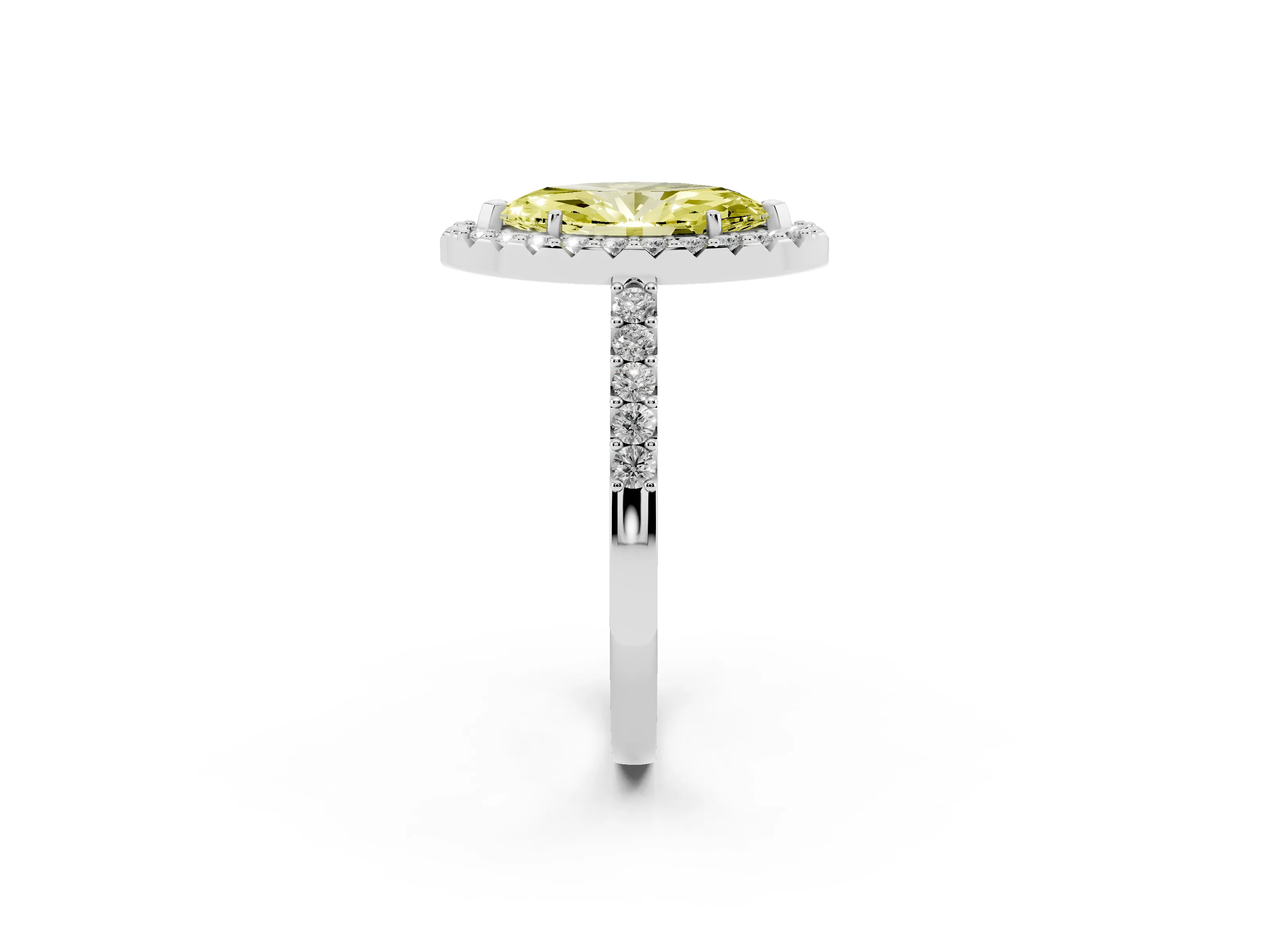 Fancy Yellow Marquise Cut Diamond Halo Pavé Solitaire Ring Set in White gold with Prong-Set Center Stone