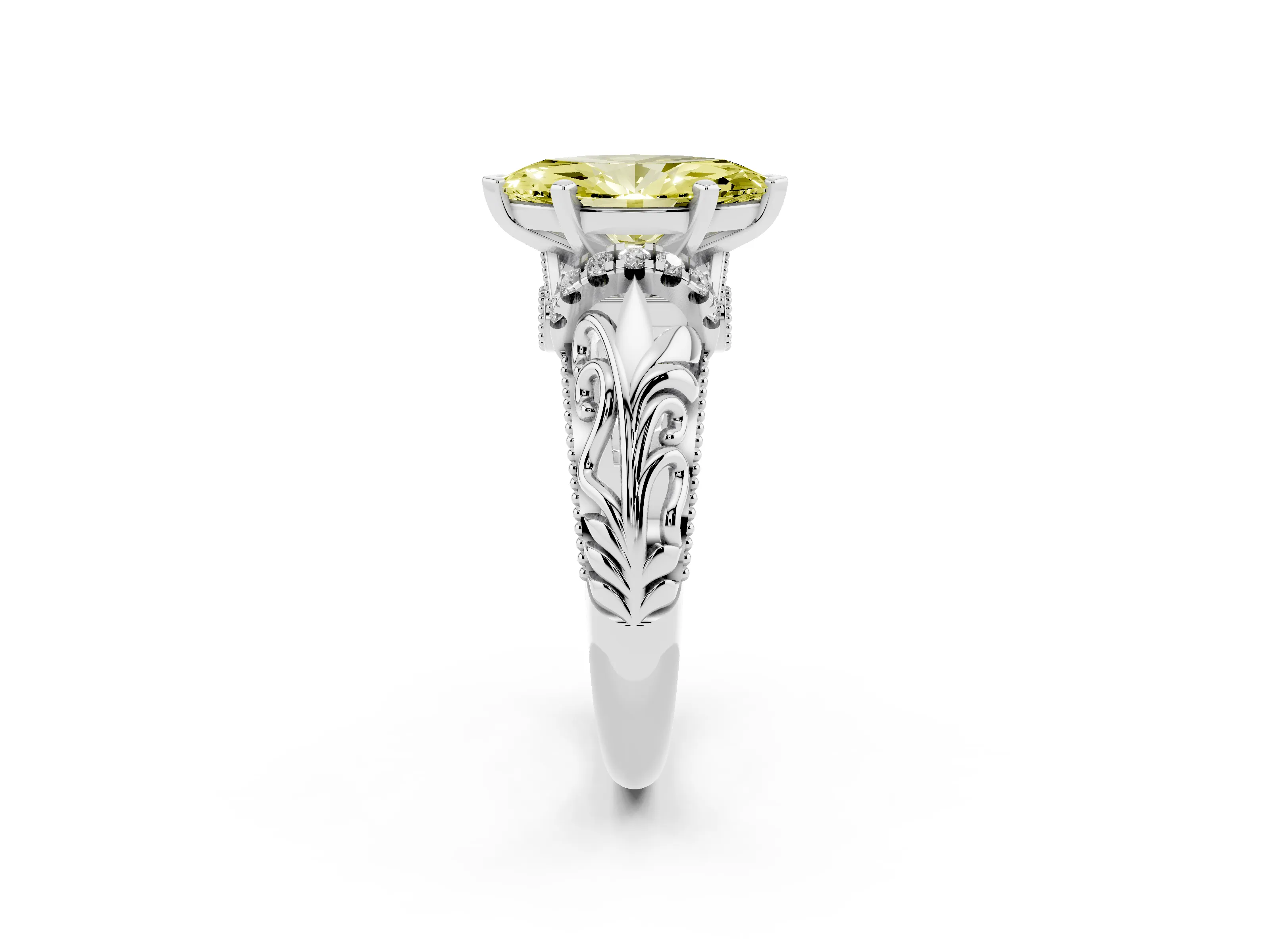 Fancy Yellow Marquise Cut Diamond Filigree Halo Engagement Ring Set in White gold with Prong Setting