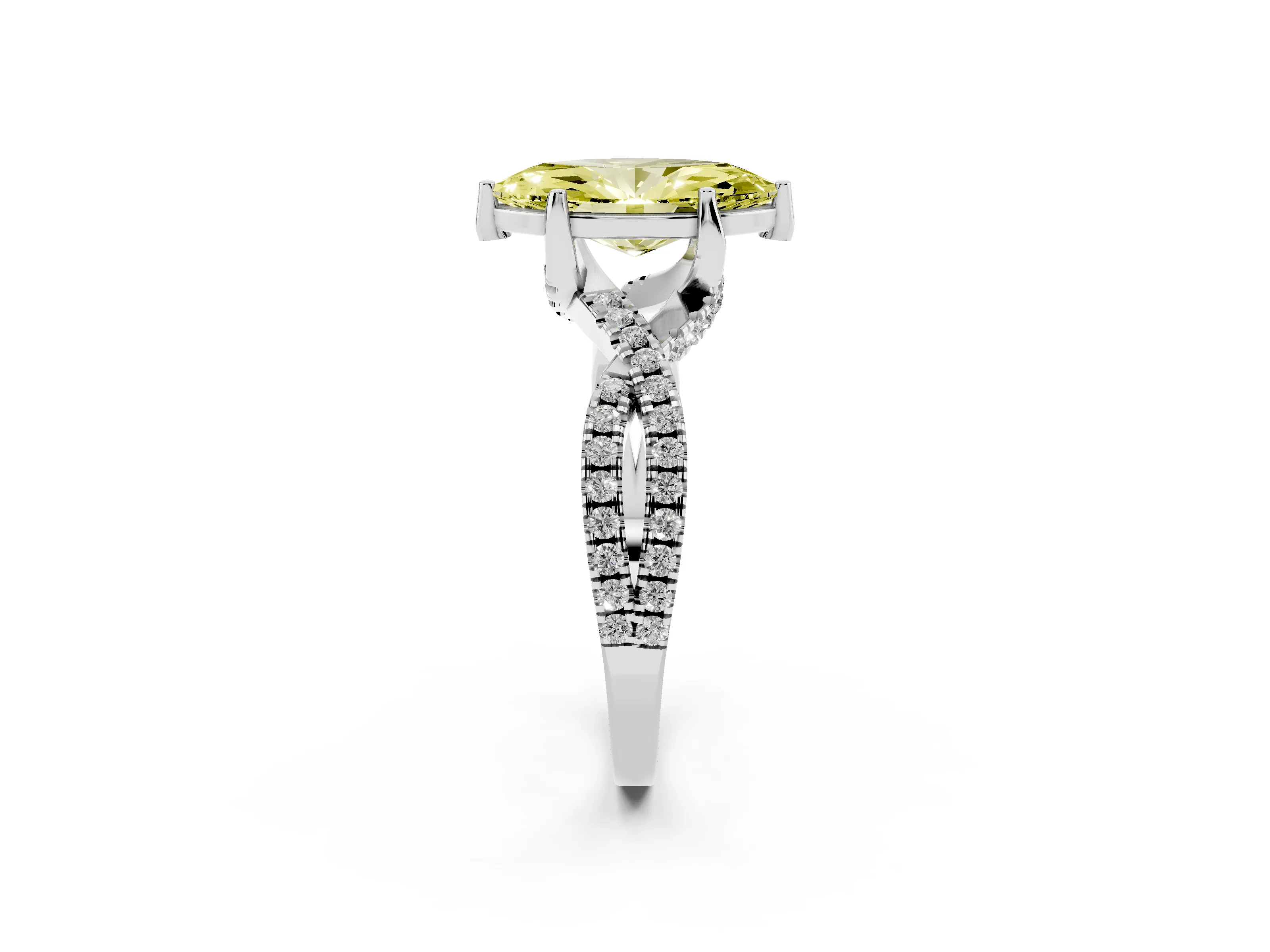 Fancy Yellow Marquise Cut Diamond Twist Pavé Solitaire Engagement Ring Set in White gold with Prong Setting