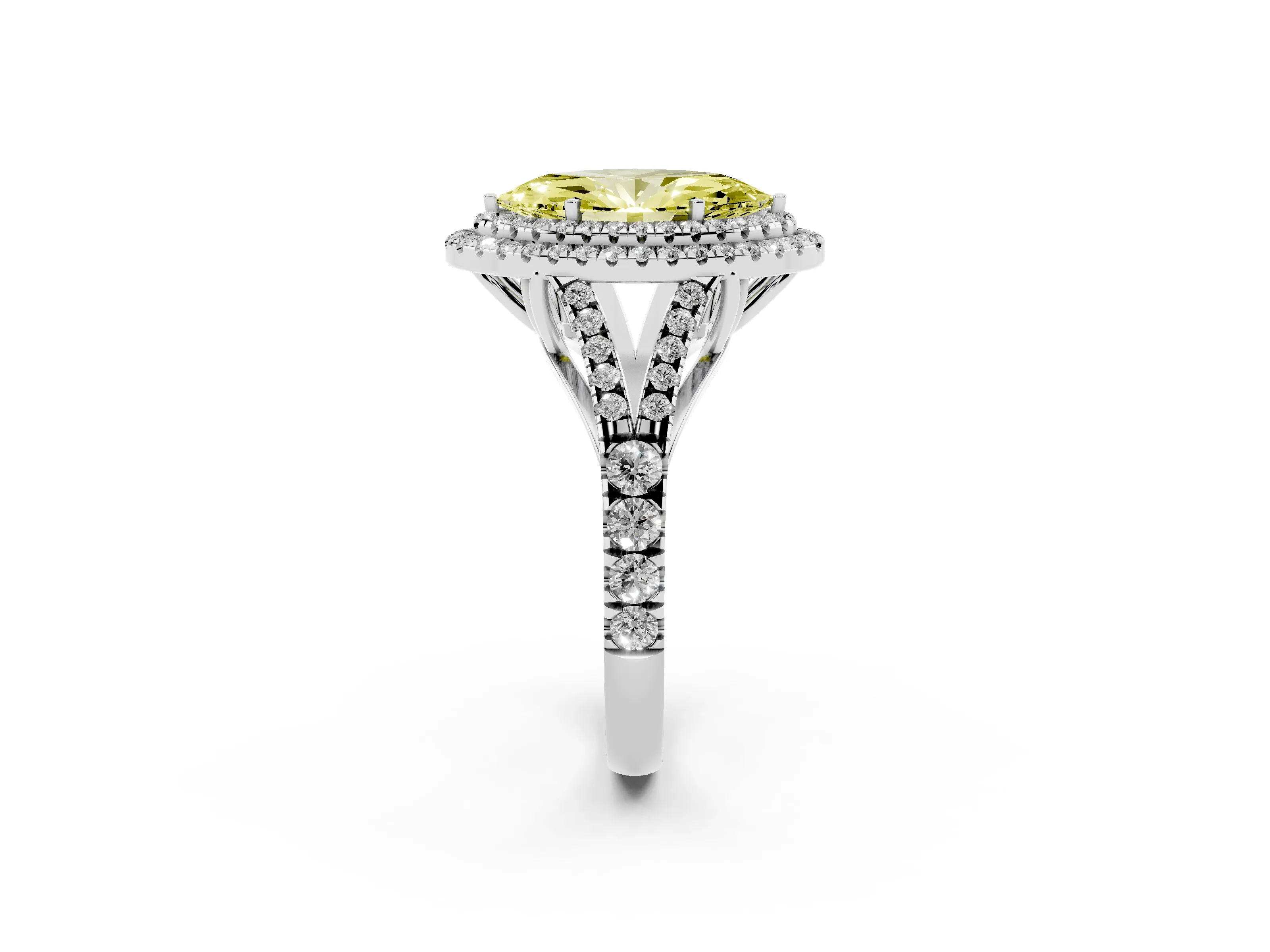 Fancy Yellow Marquise Cut Diamond Pavé Split Shank Double Halo Engagement Ring Set in Silver