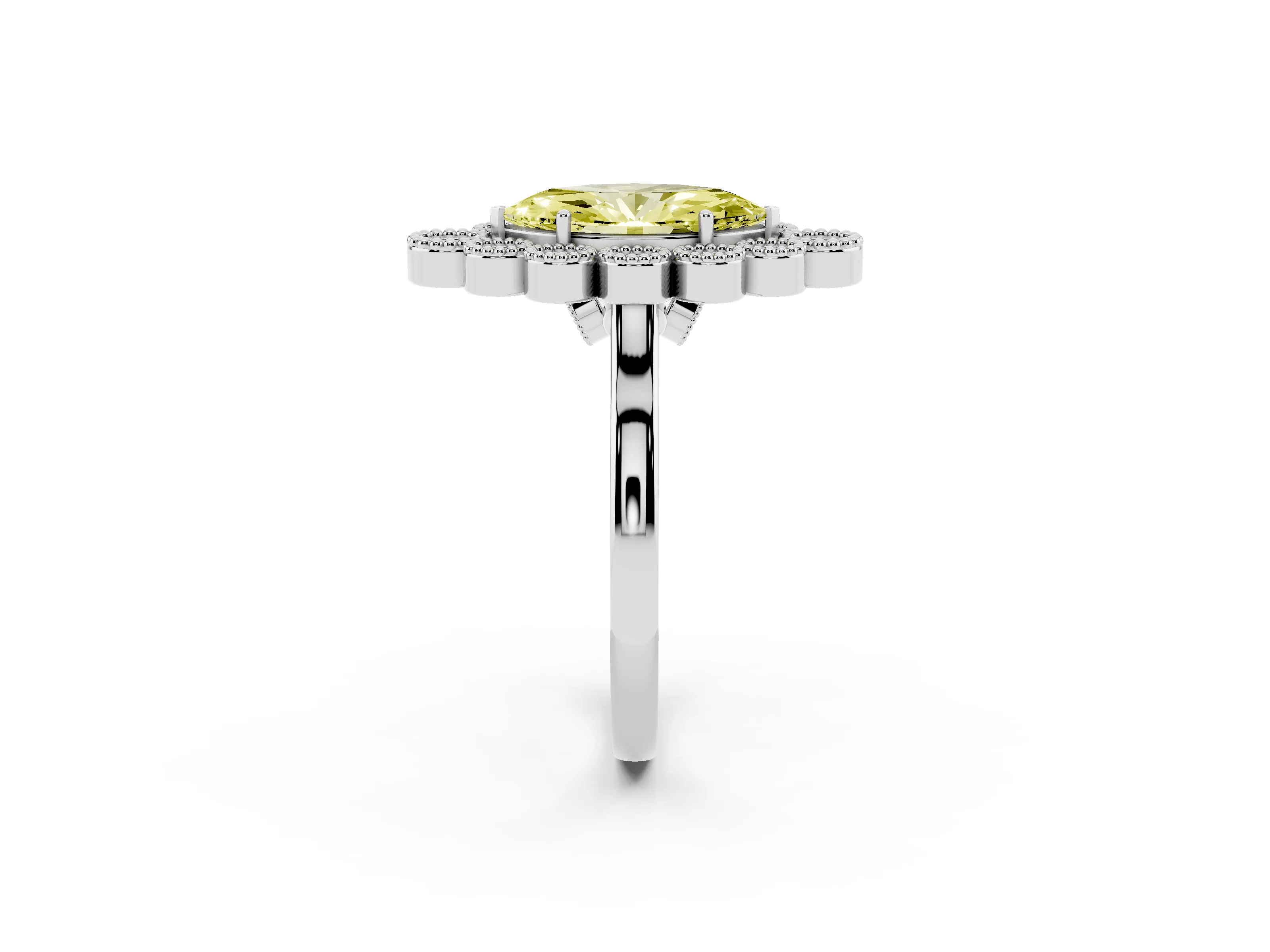 Fancy Yellow Marquise Cut Diamond Cluster Halo Ring Set in White gold with Milgrain Bezel Accents and Plain Band