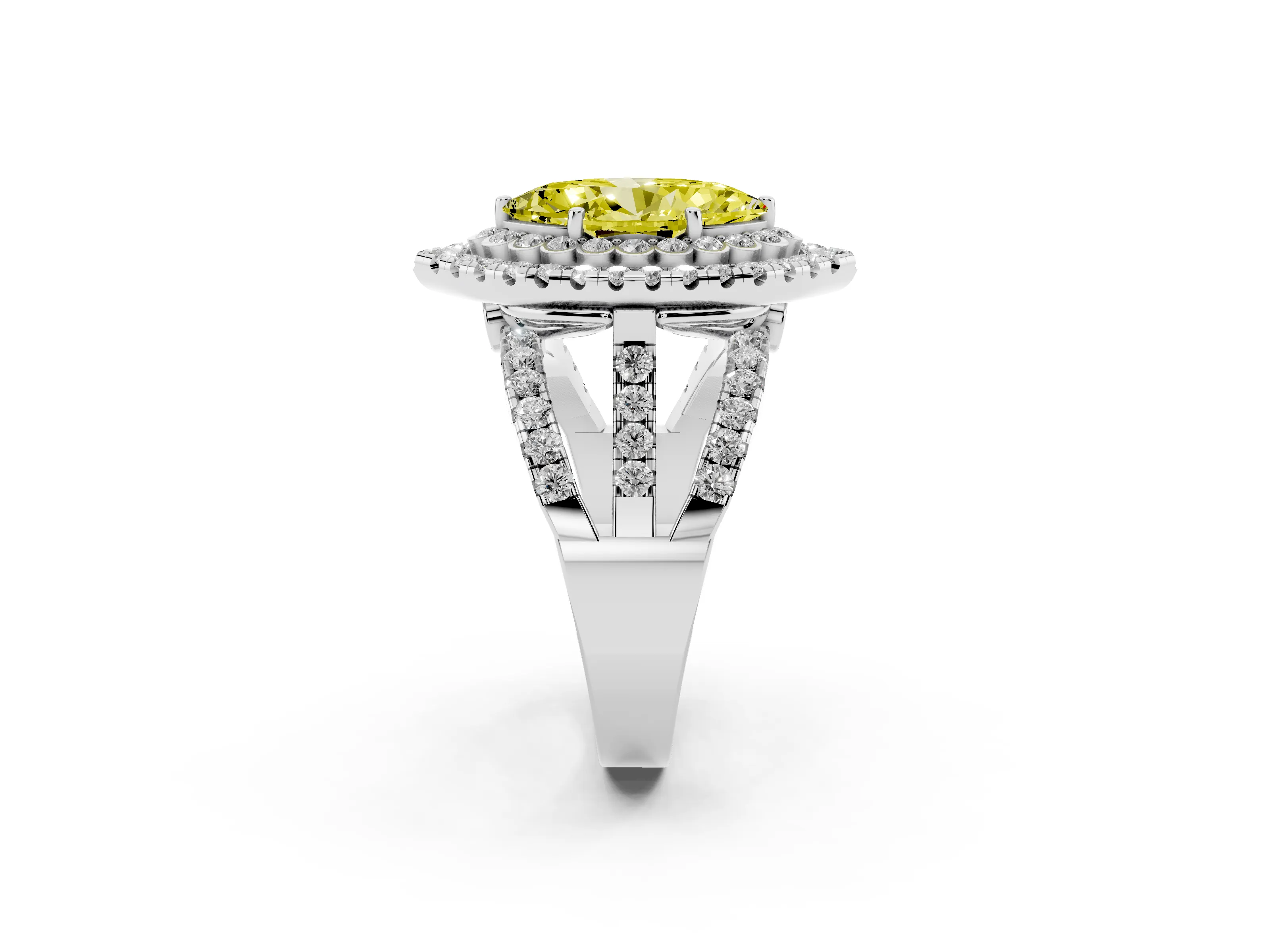 Fancy Yellow Marquise Cut Diamond Double Halo Ring Set in White gold with Round Pavé Split Shank