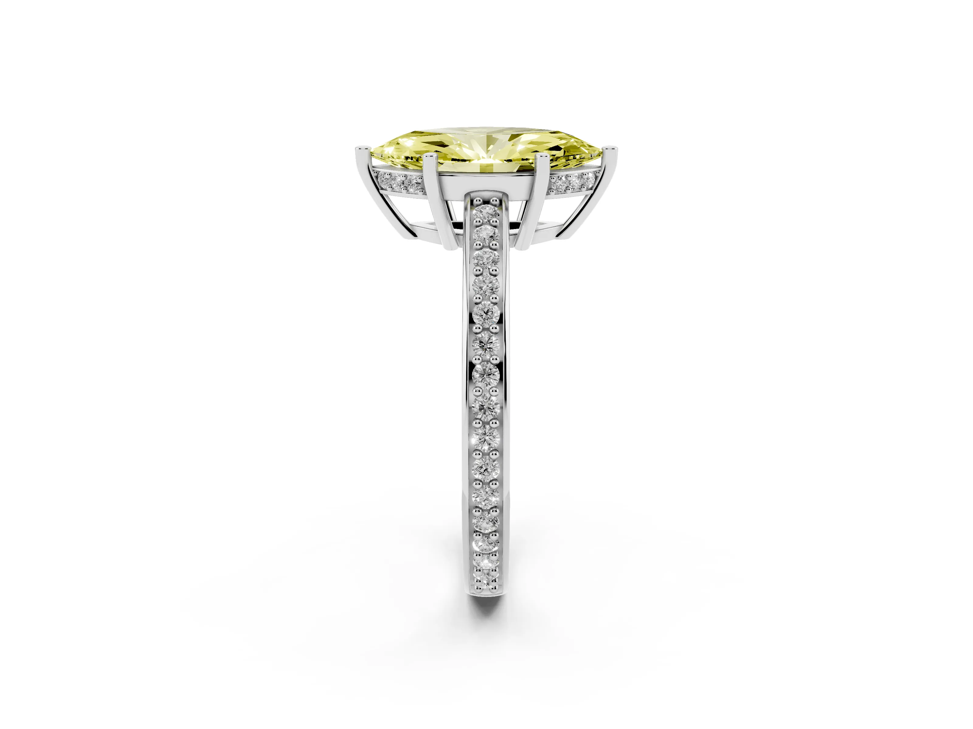 Fancy Yellow Marquise Cut Diamond Pavé Band Prong Set Solitaire Ring Set in Platinum