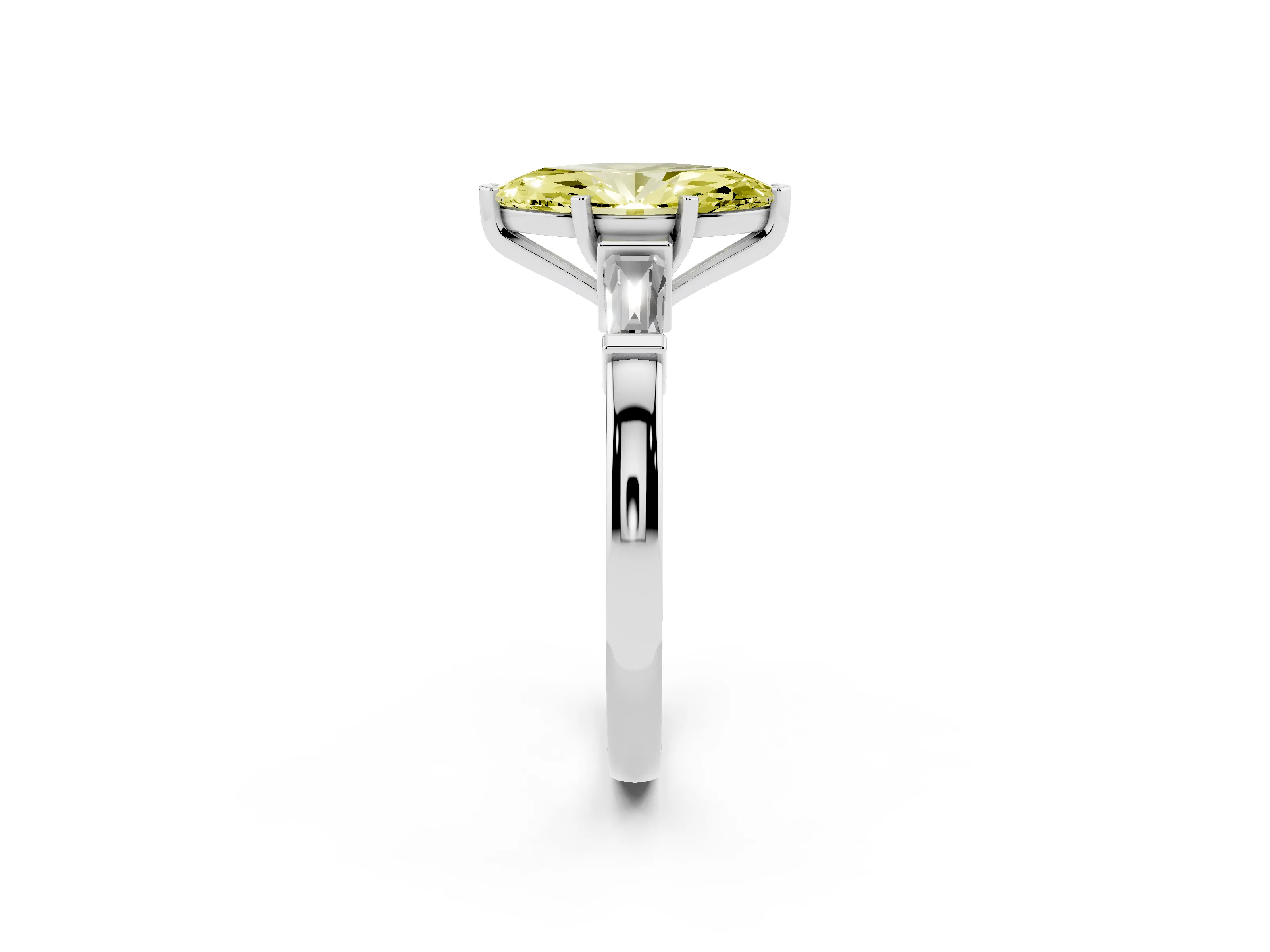 Fancy Yellow Marquise Cut Diamond Solitaire Ring Set in White gold with Tapered Baguette Accents and Prong Setting