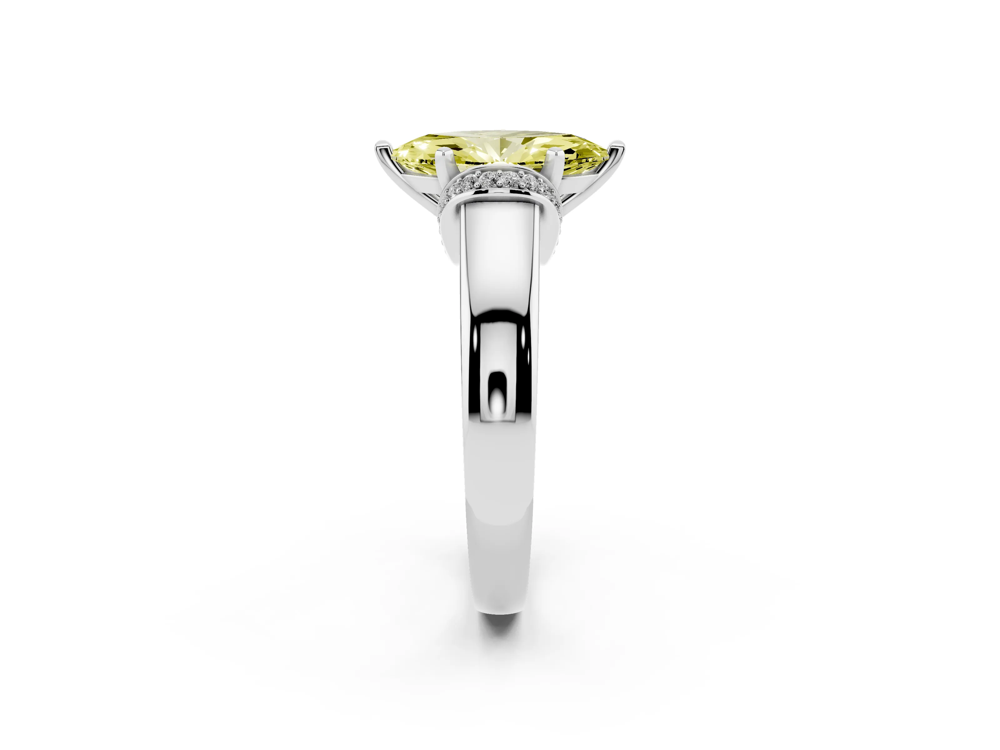 Fancy Yellow Marquise Cut Diamond Pavé Band Solitaire Ring Set in Platinum with Prong Setting