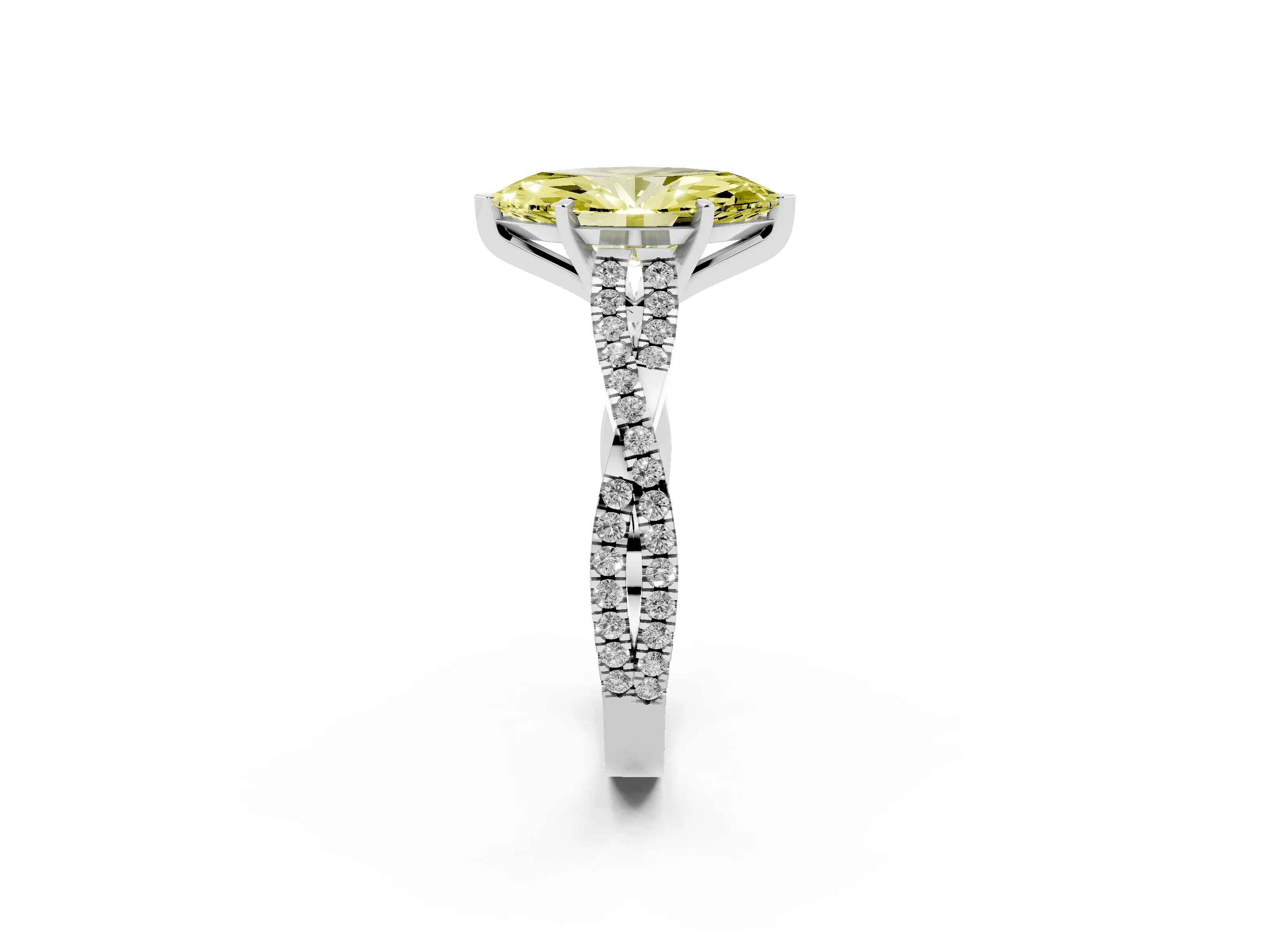 Fancy Yellow Marquise Cut Diamond Solitaire Engagement Ring Set in Platinum with Twisted Pavé Band and Prong Setting