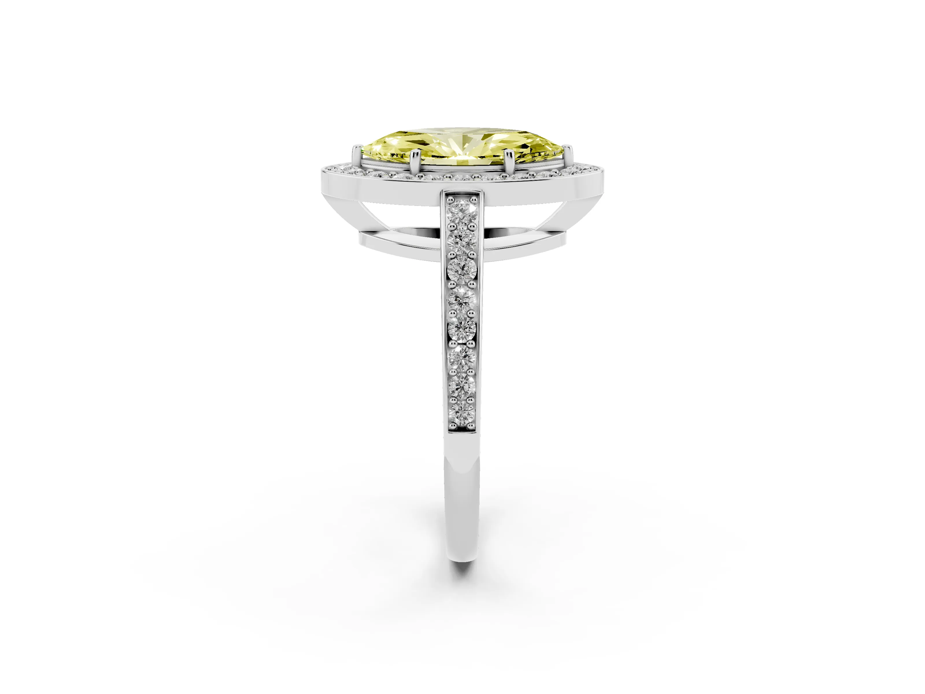 Fancy Yellow Marquise Cut Diamond Halo Pavé Engagement Ring Set in Silver with Bezel Setting