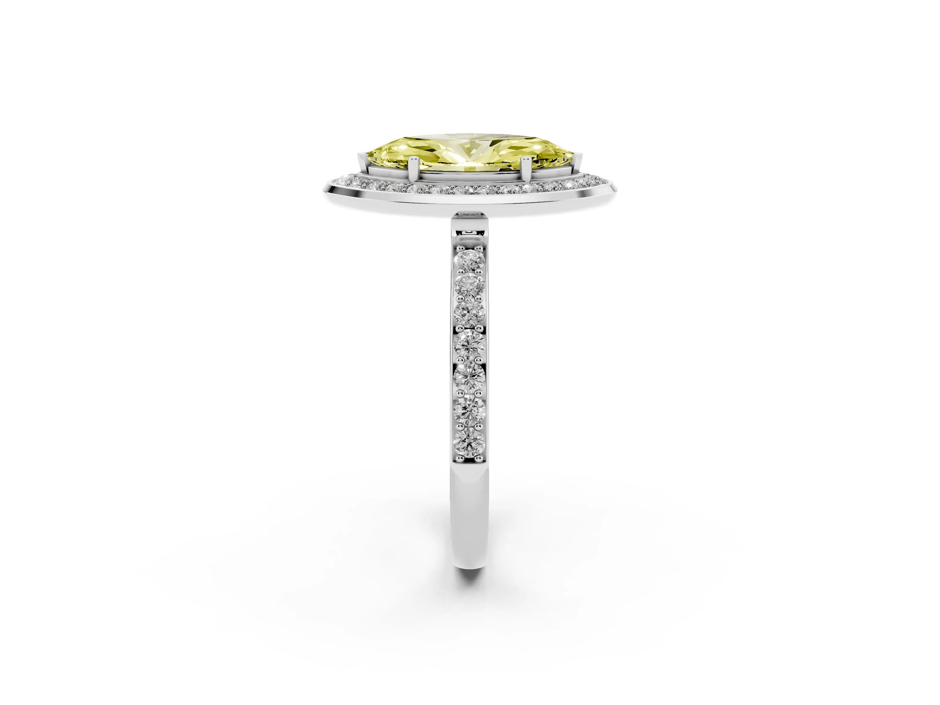 Fancy Yellow Marquise Cut Diamond Halo Ring Set in Silver with Bezel Frame and Pavé Band
