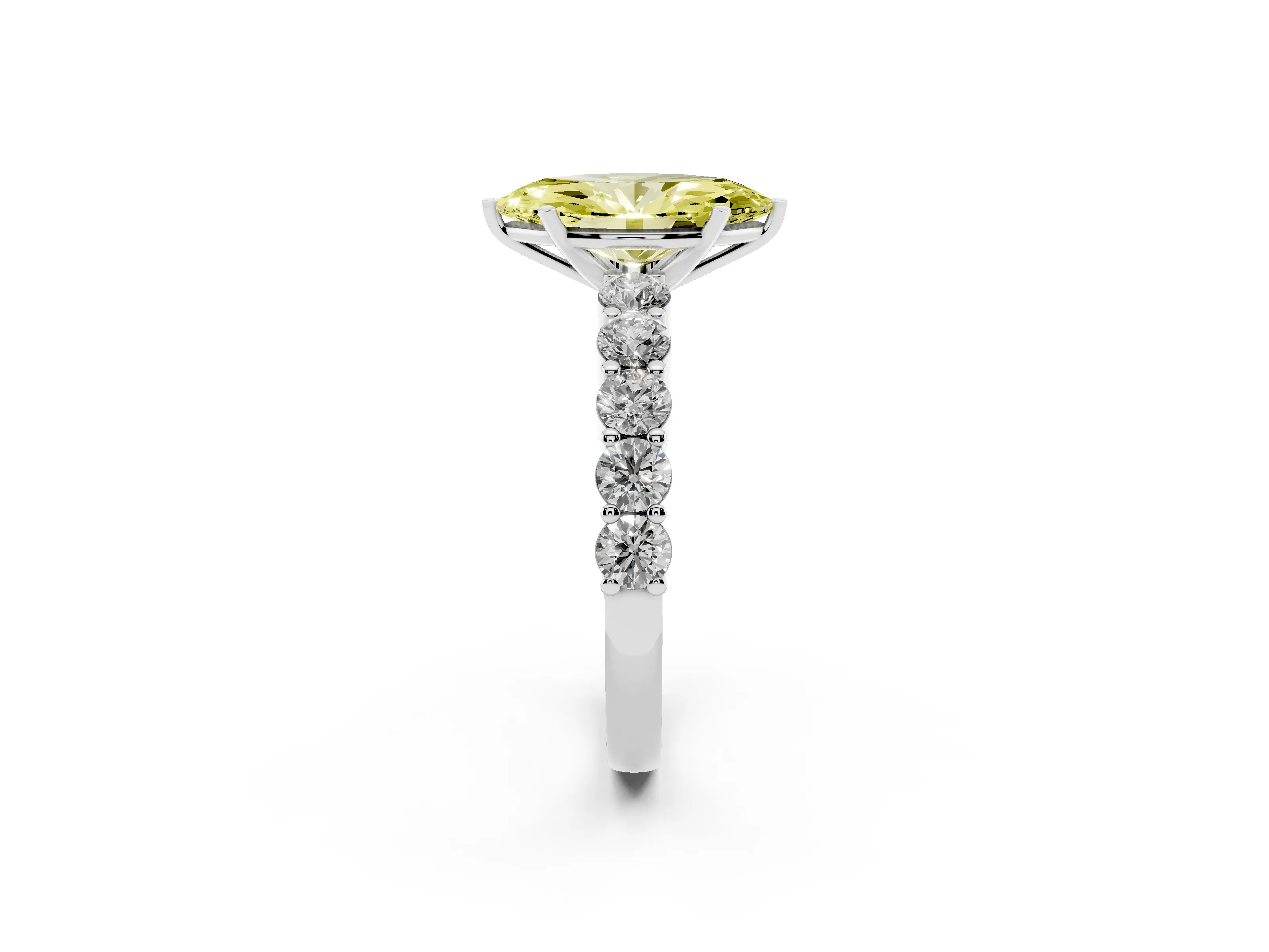 Fancy Yellow Marquise Cut Diamond Solitaire Ring Set in Silver with Shared Prong Round Side Stones