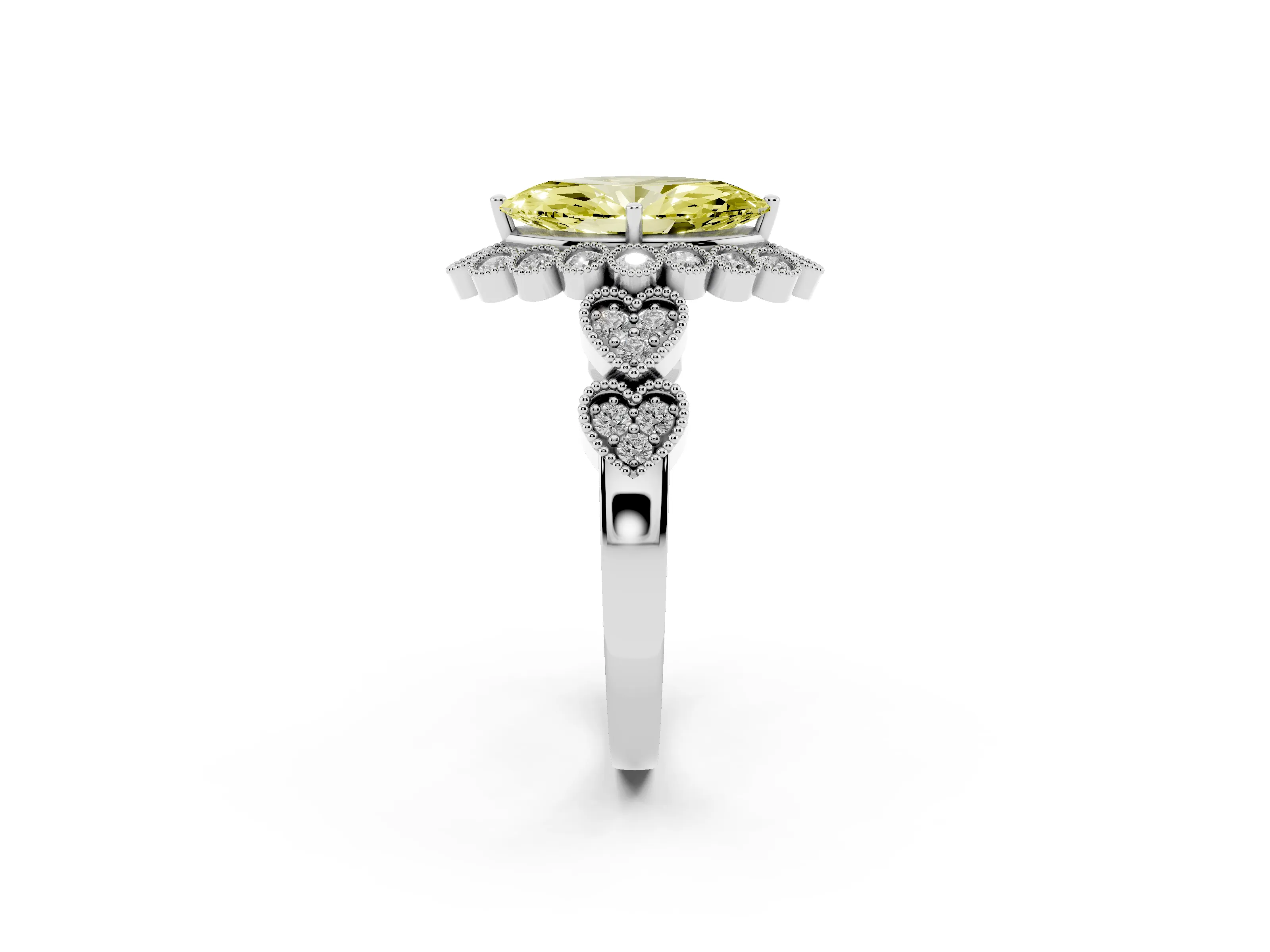 Fancy Yellow Marquise Cut Diamond Solitaire Ring Set in Platinum with Milgrain Pavé Heart Band