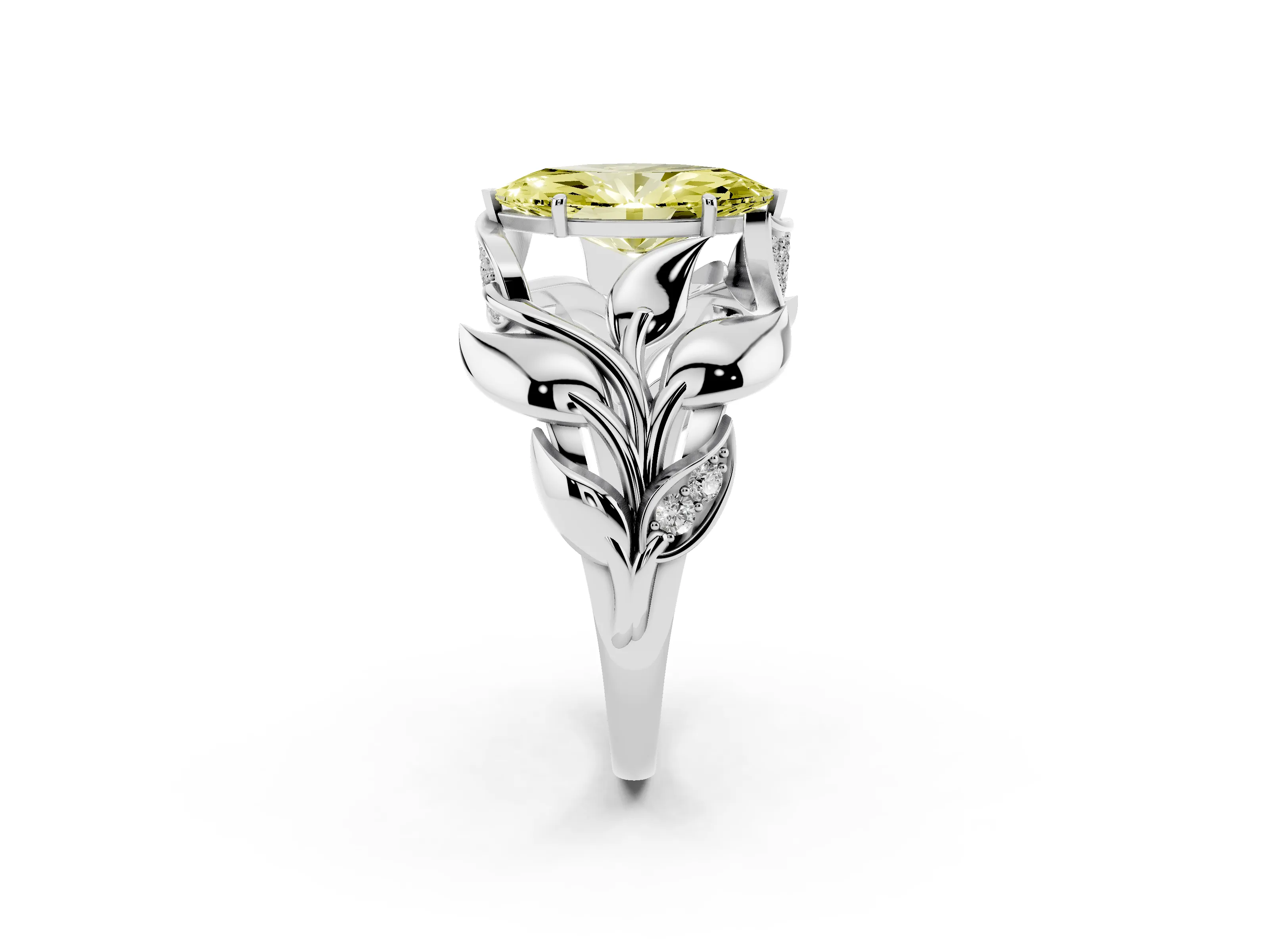 Fancy Yellow Marquise Cut Diamond Leaf-Inspired Engagement Ring Set in Platinum with Round Accents