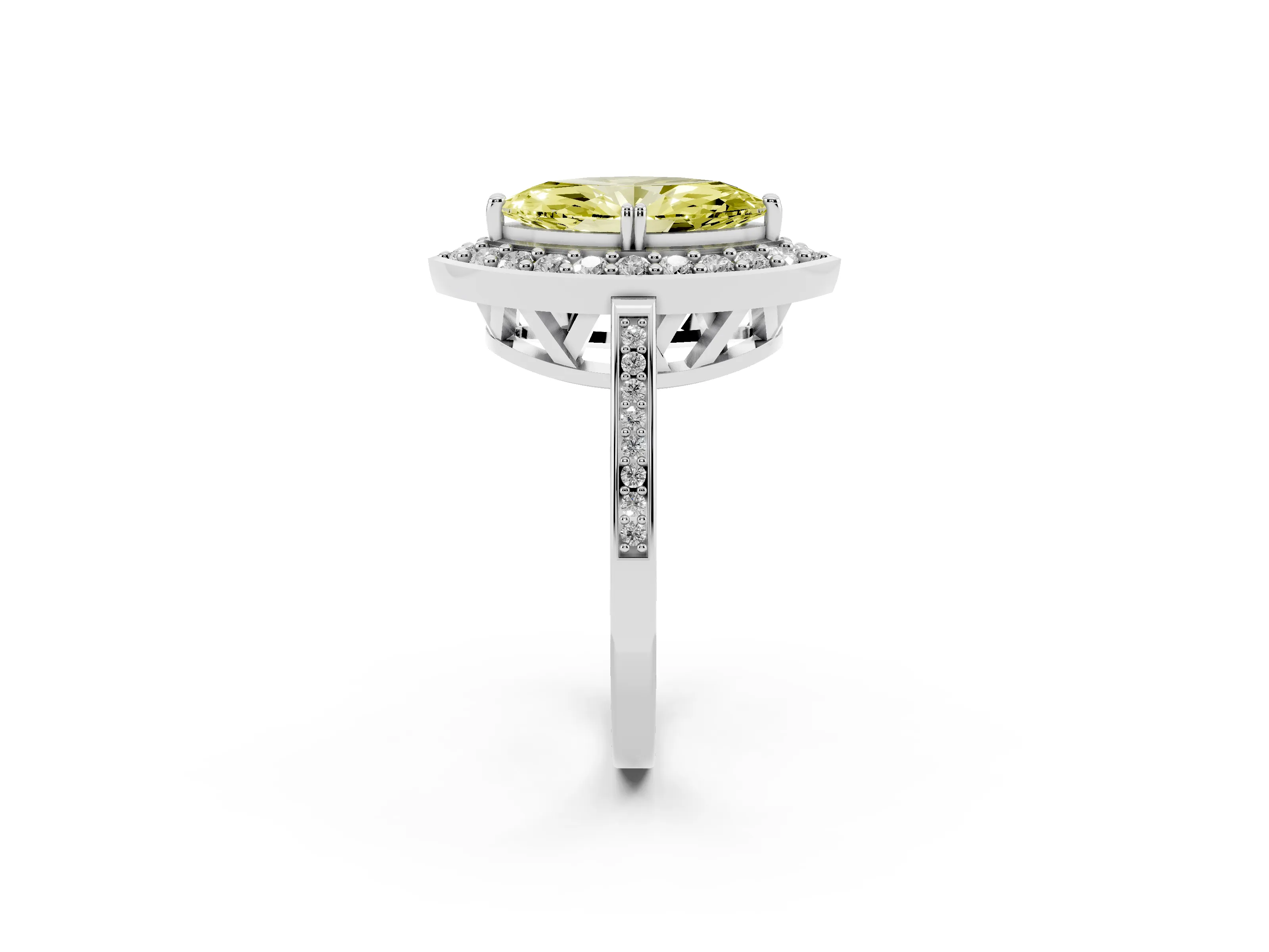 Fancy Yellow Marquise Cut Diamond Halo Ring Set in White gold with Accent-Lined Split Shank and Prong Setting