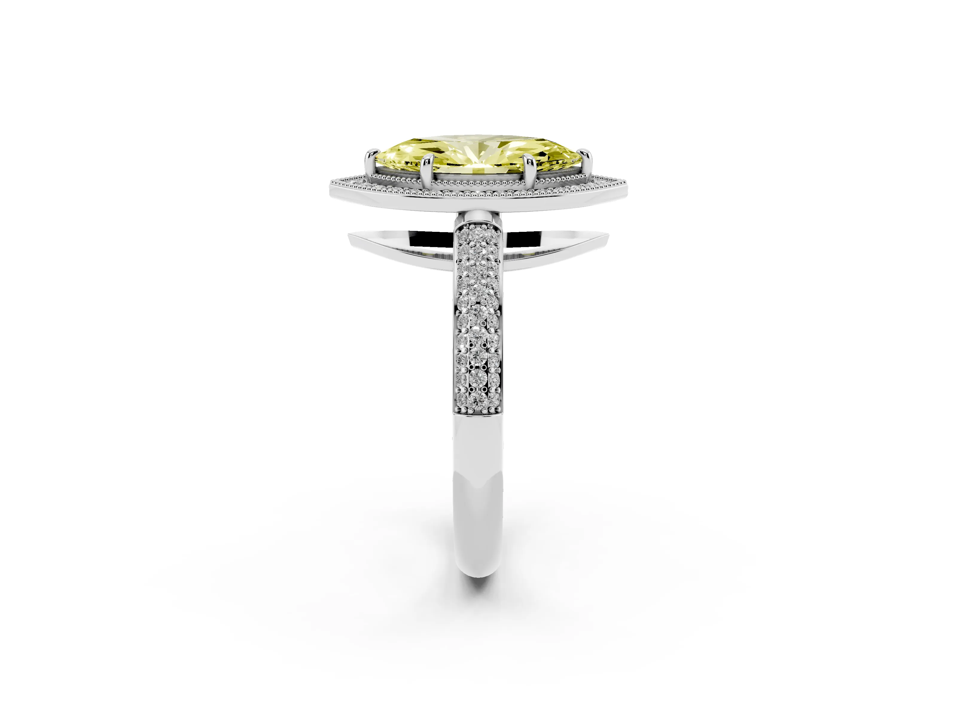 Fancy Yellow Marquise Cut Diamond Halo Pavé Band Set in Silver with Prong Setting