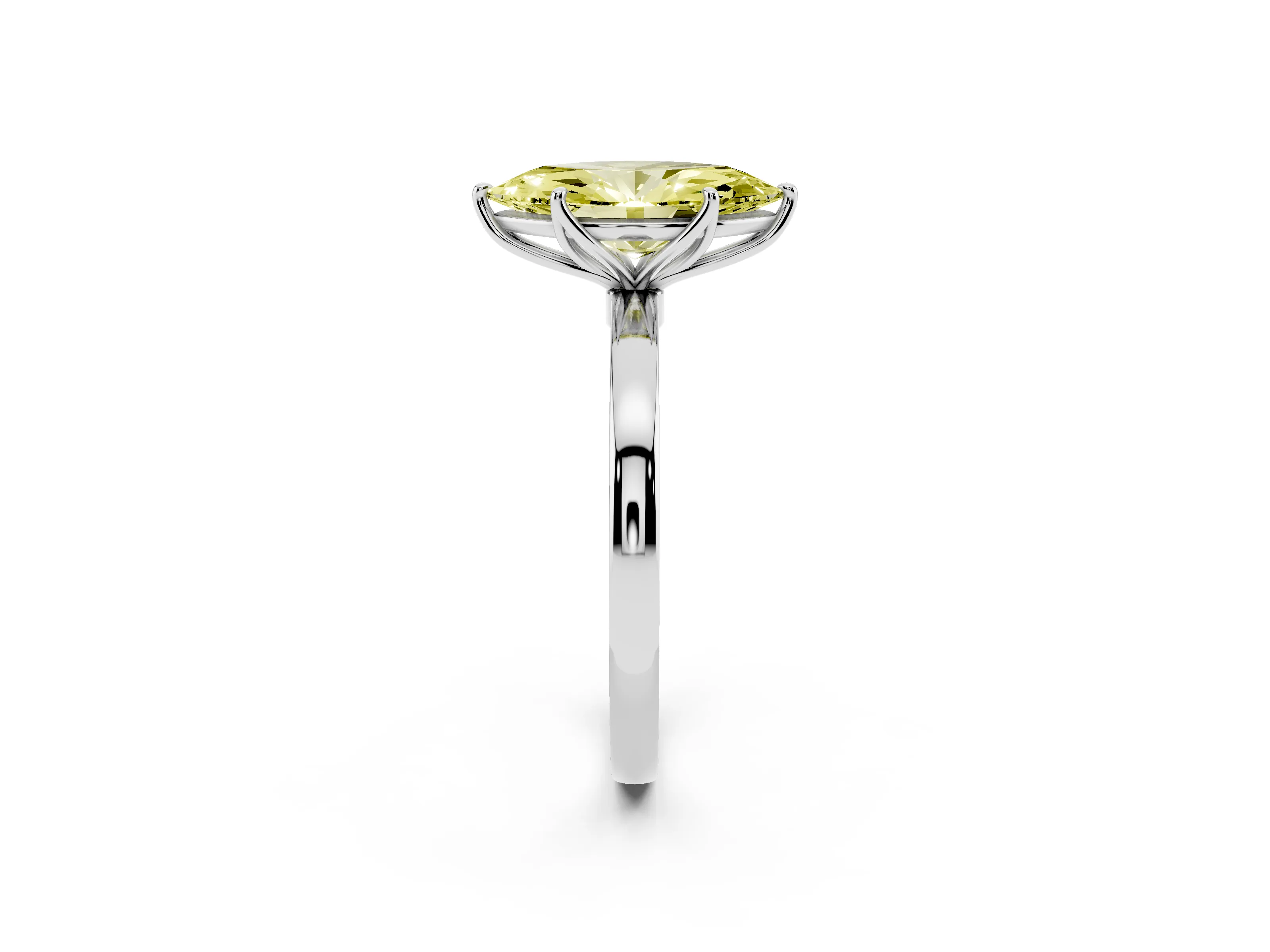Fancy Yellow Marquise Cut Diamond Solitaire Ring Set in White gold with Prong Setting and Thin Polished Band