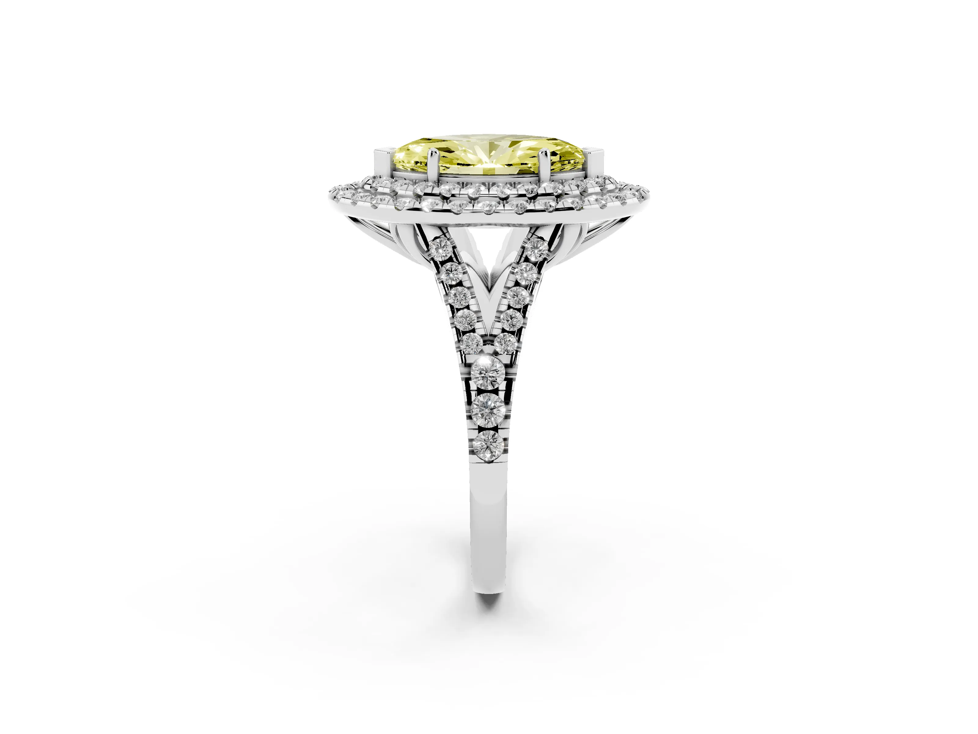 Fancy Yellow Marquise Cut Diamond Double Halo Ring Set in Silver with Pavé Split Shank and Prong Setting