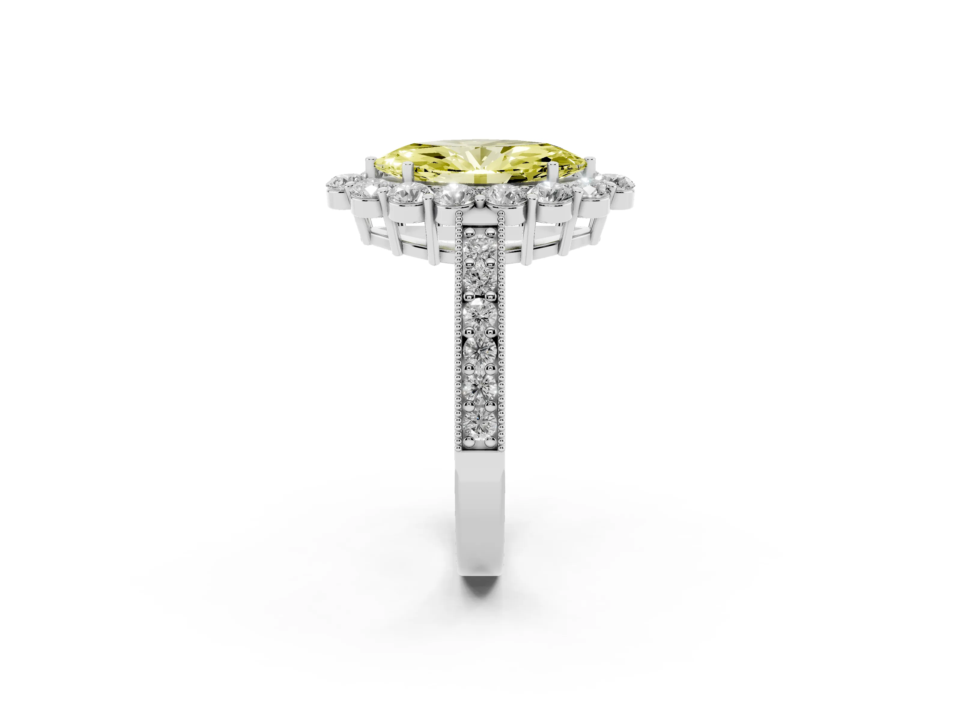 Fancy Yellow Marquise Cut Diamond Halo Pavé Engagement Ring Set in White gold with Milgrain Detailing