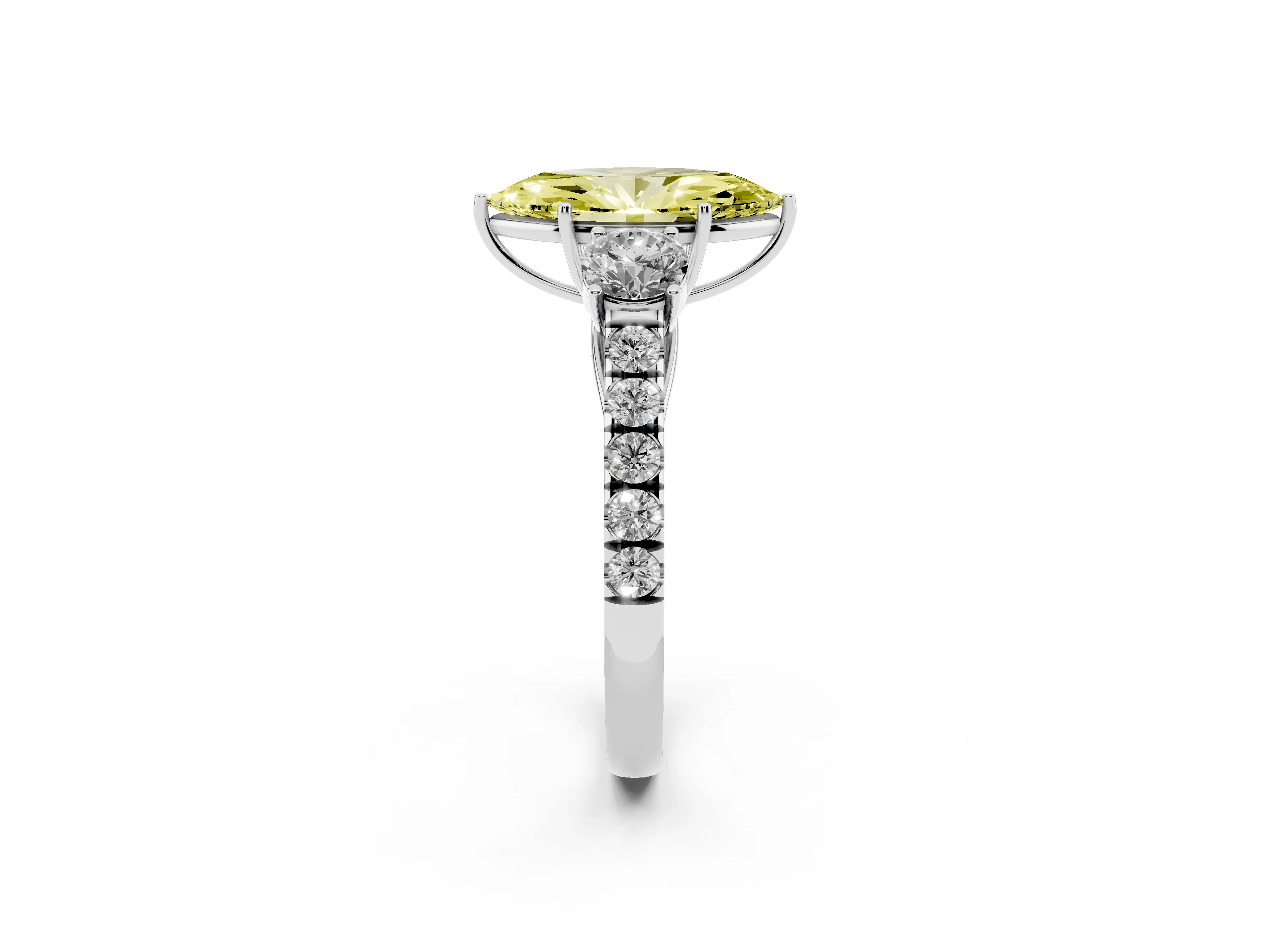 Fancy Yellow Marquise Cut Diamond Three-Stone Ring Set in Silver with Round Side Stones and Delicate Pavé Band