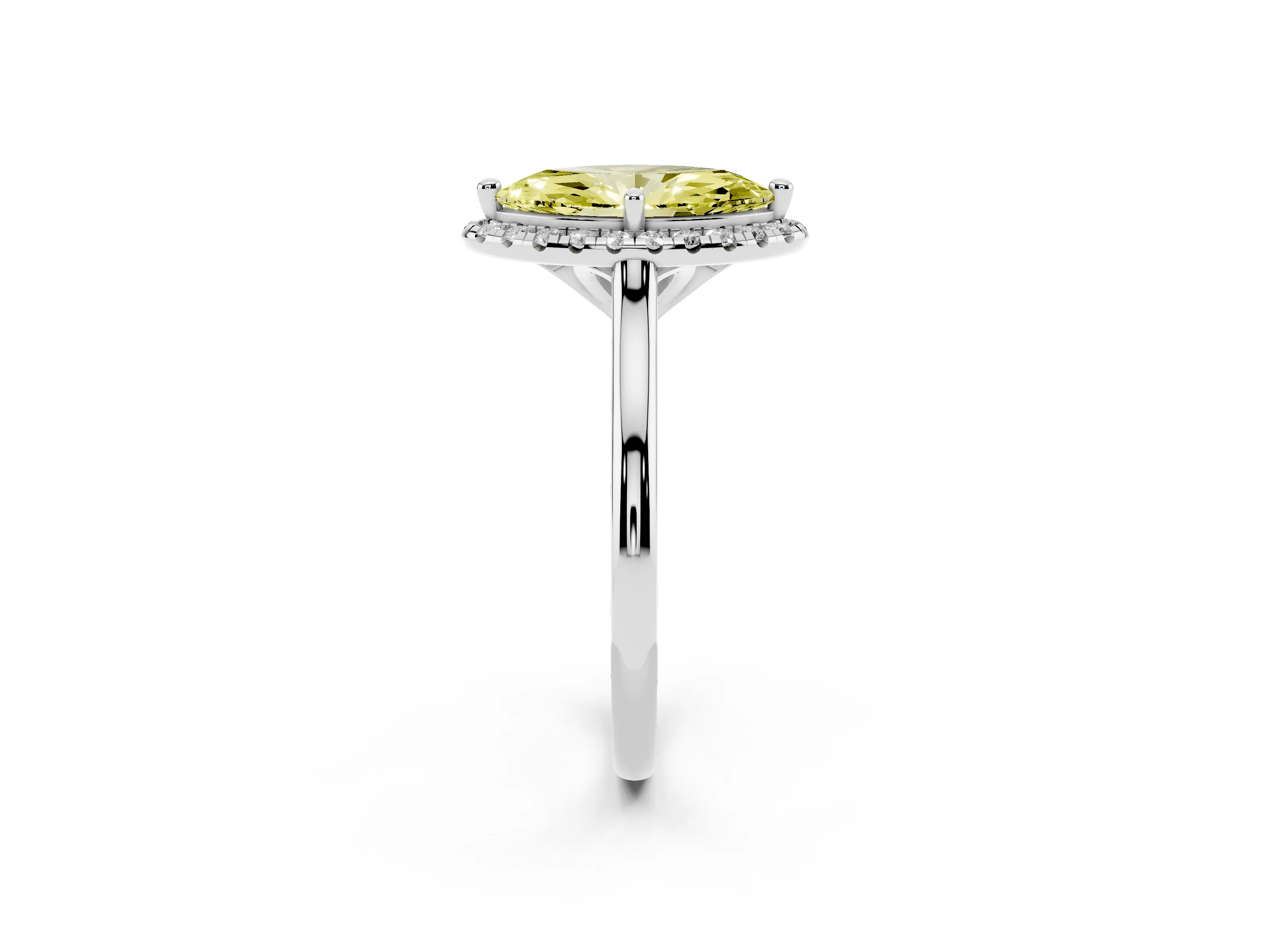 Fancy Yellow Marquise Cut Diamond Halo Engagement Ring Set in White gold with Pavé Band and Rising Shoulders