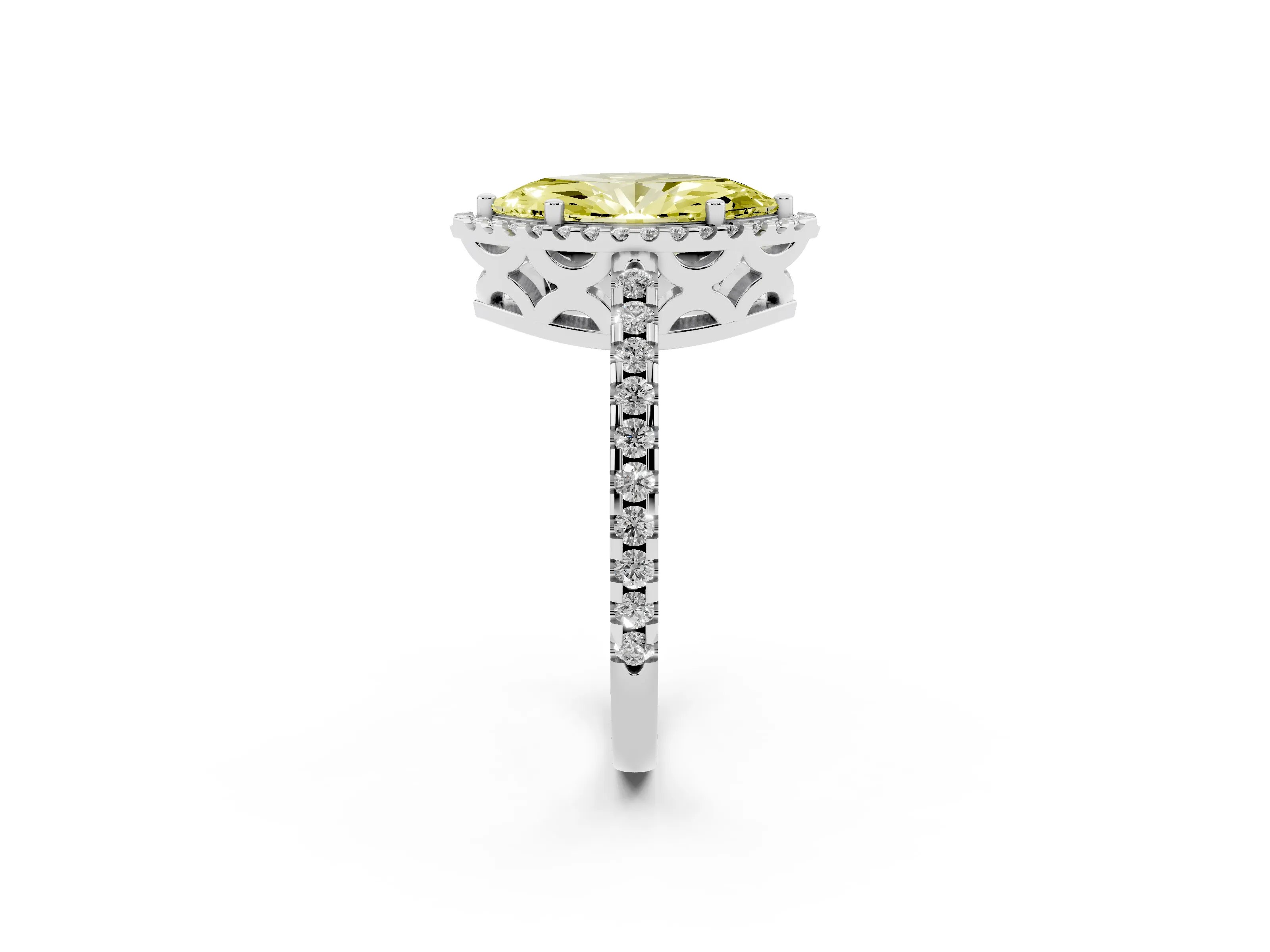 Fancy Yellow Marquise Cut Diamond Halo Ring Set in White gold with Pavé Shoulders and Halo-Framed Center