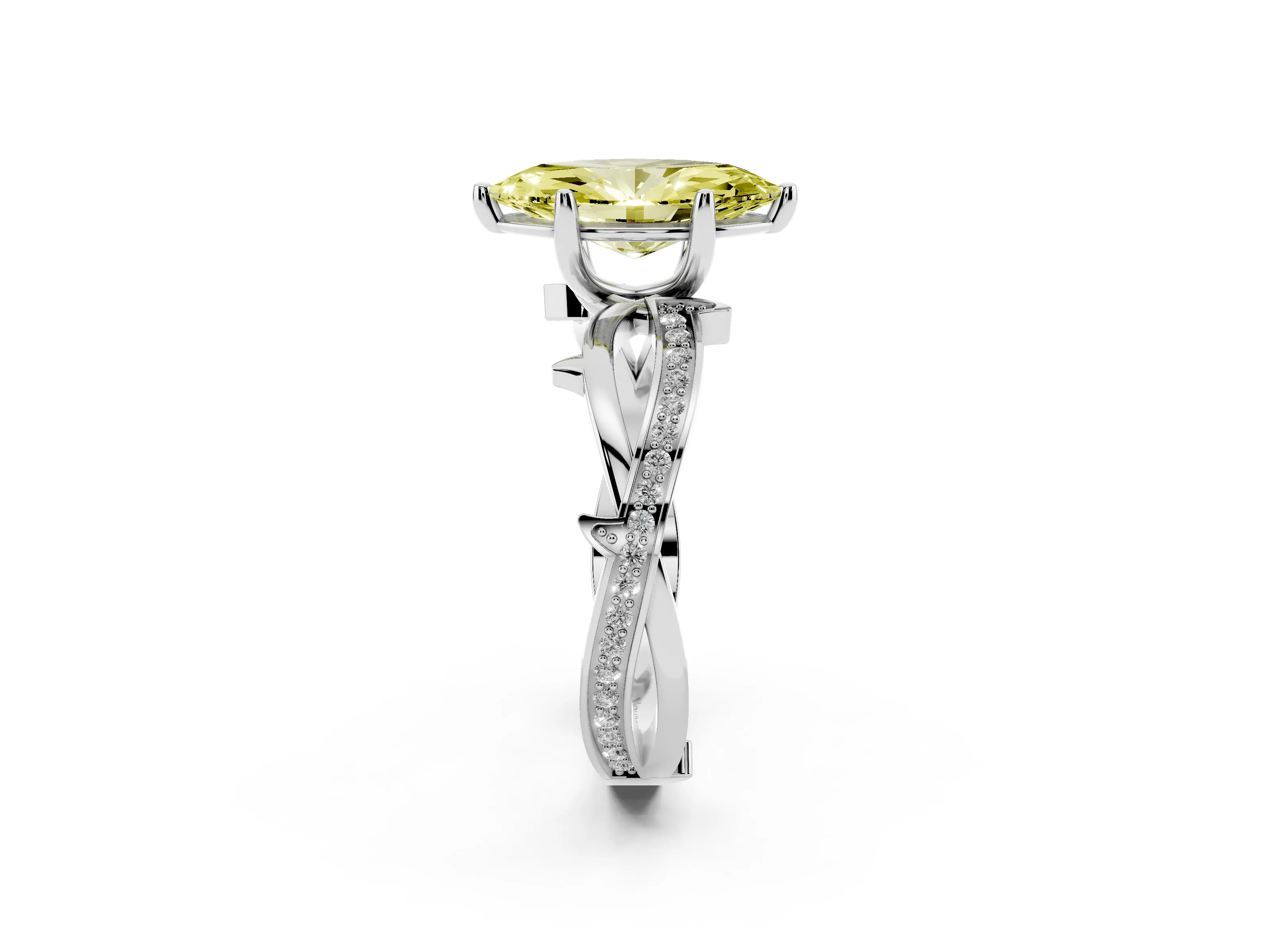 Fancy Yellow Marquise Cut Diamond Pavé Twist Band Solitaire Ring Set in Platinum with Prong Setting