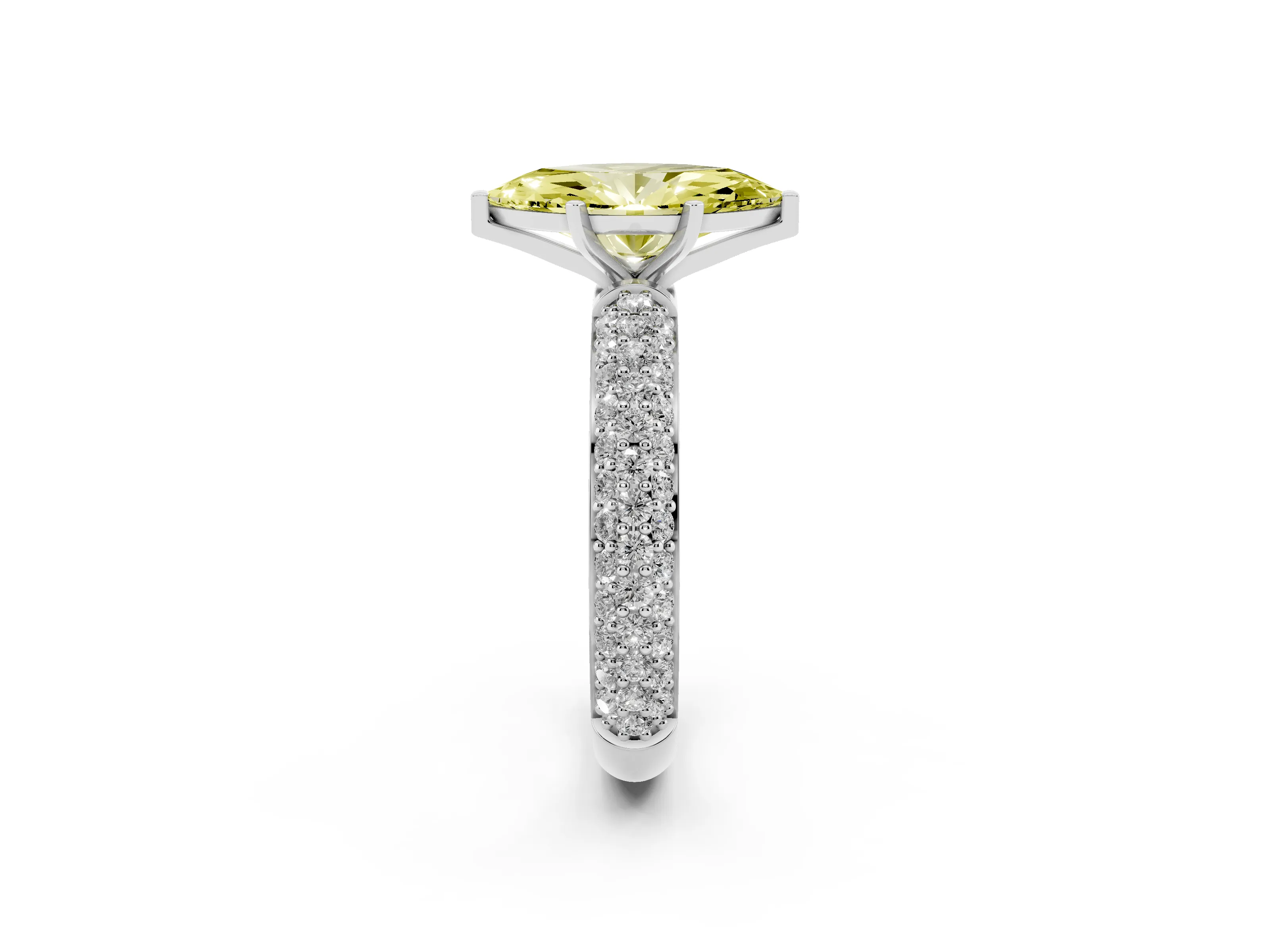 Fancy Yellow Marquise Cut Diamond Solitaire Ring Set in Platinum with Prong Setting and Pavé-Set Band