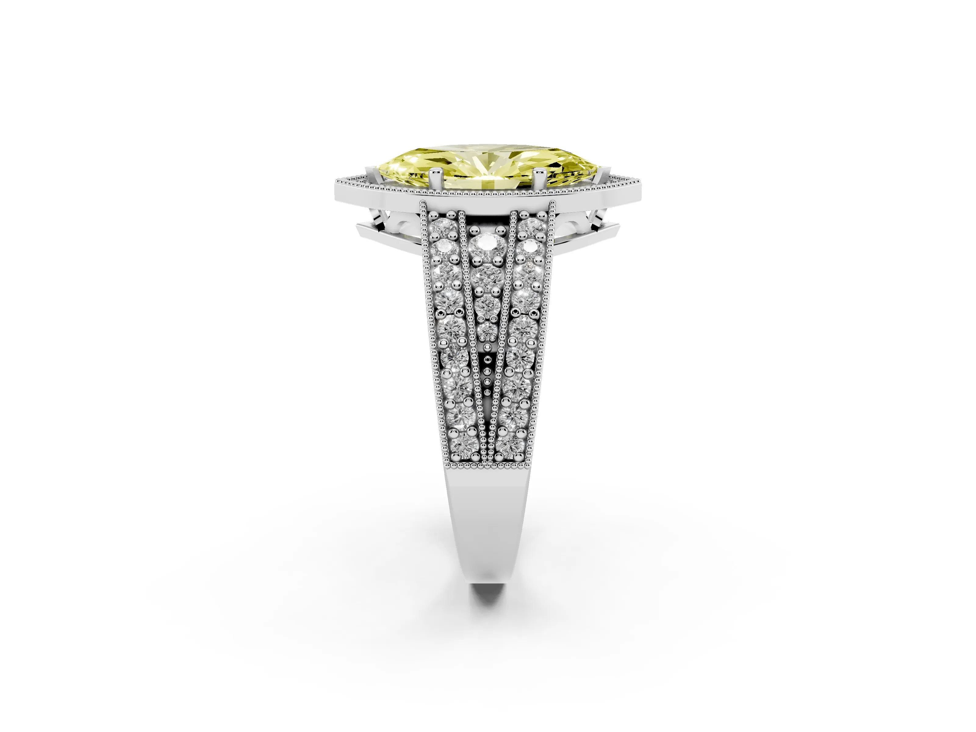Fancy Yellow Marquise Cut Diamond Halo Ring Set in Silver with Accent Split Shank and Prong Setting