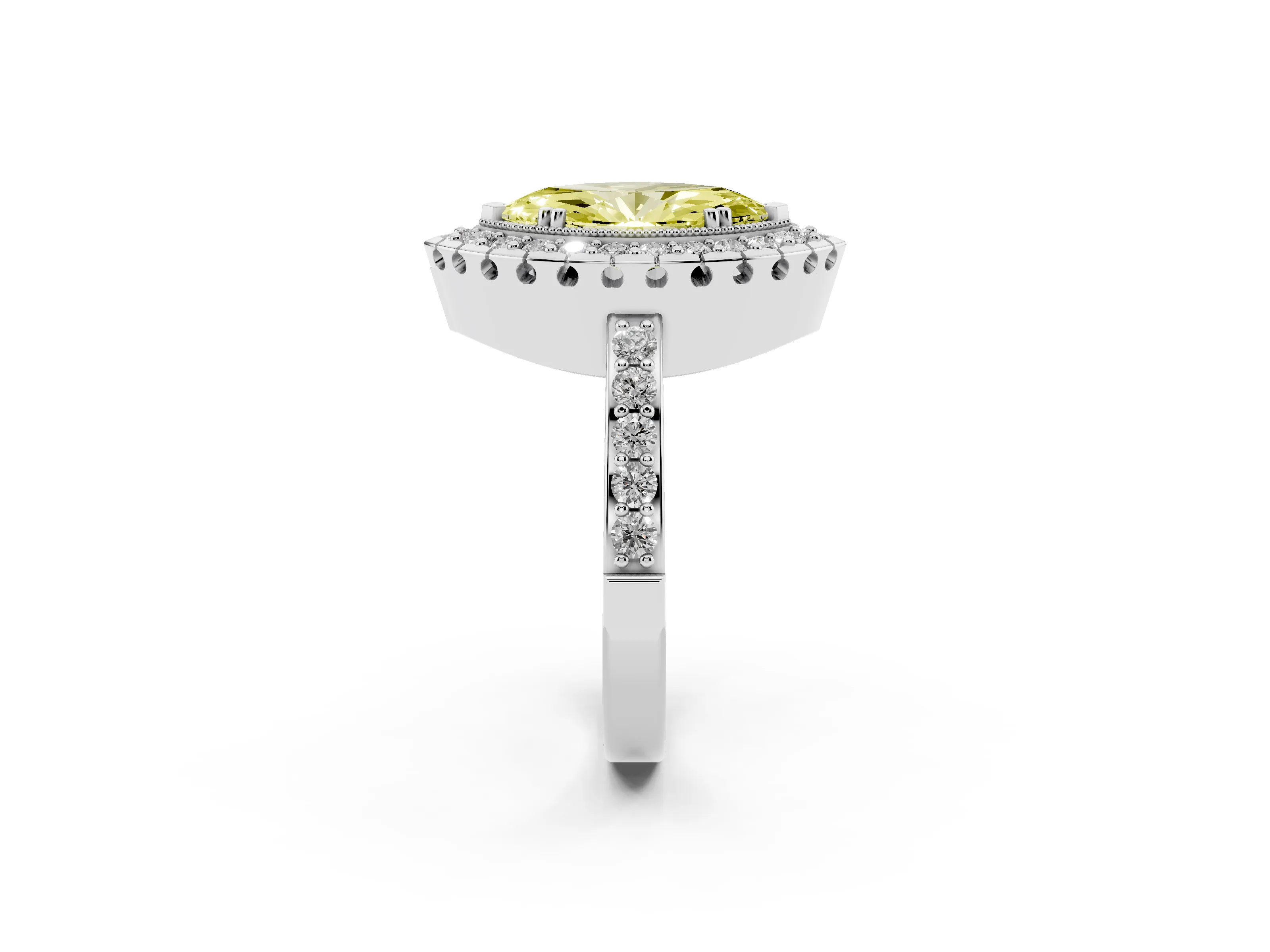 Fancy Yellow Marquise Cut Diamond Halo Ring Set in White gold with Pavé Shank and Prong Setting