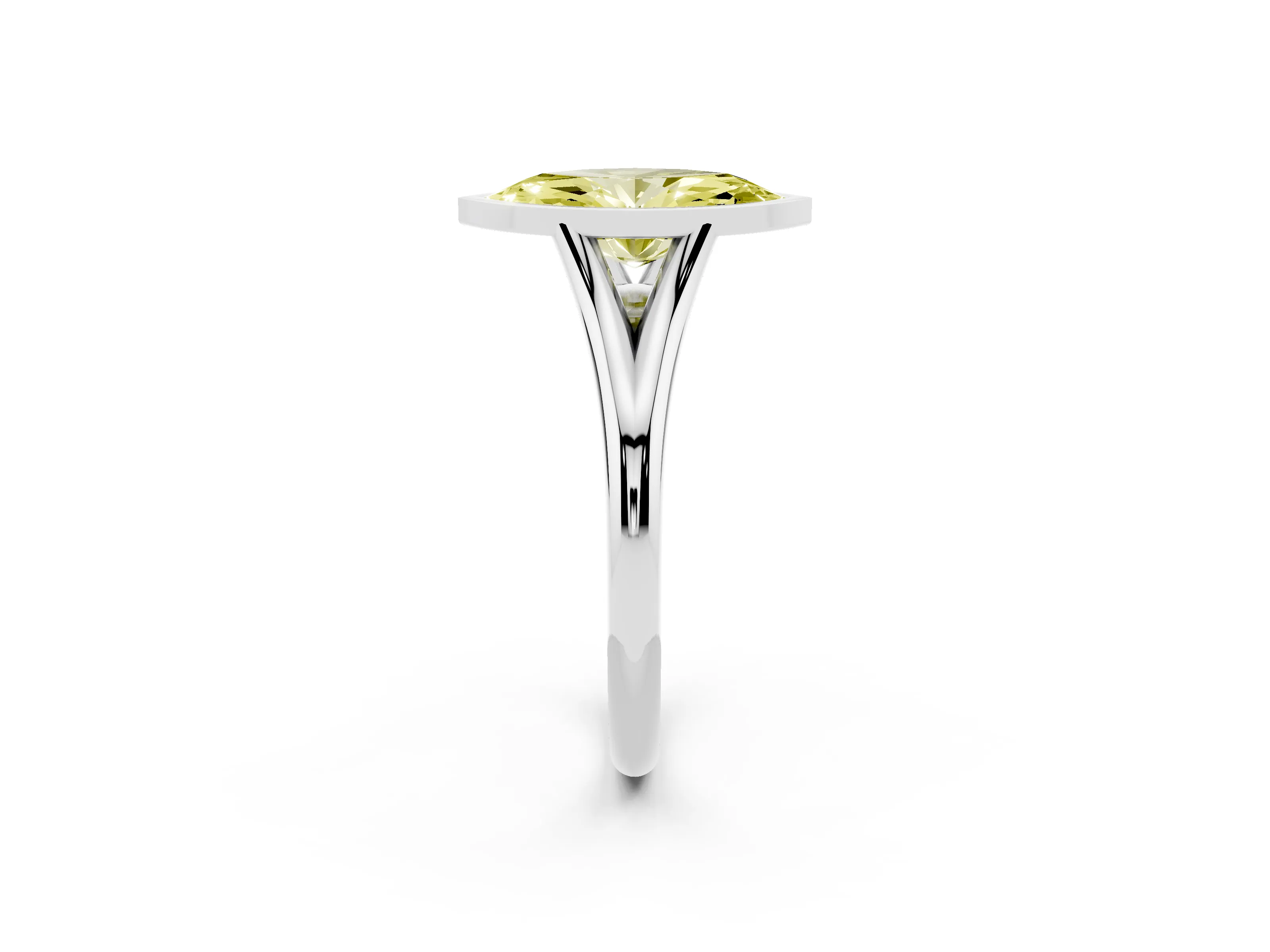 Fancy Yellow Bezel Set Marquise Cut Diamond Solitaire Ring Set in White gold with Tapered Band