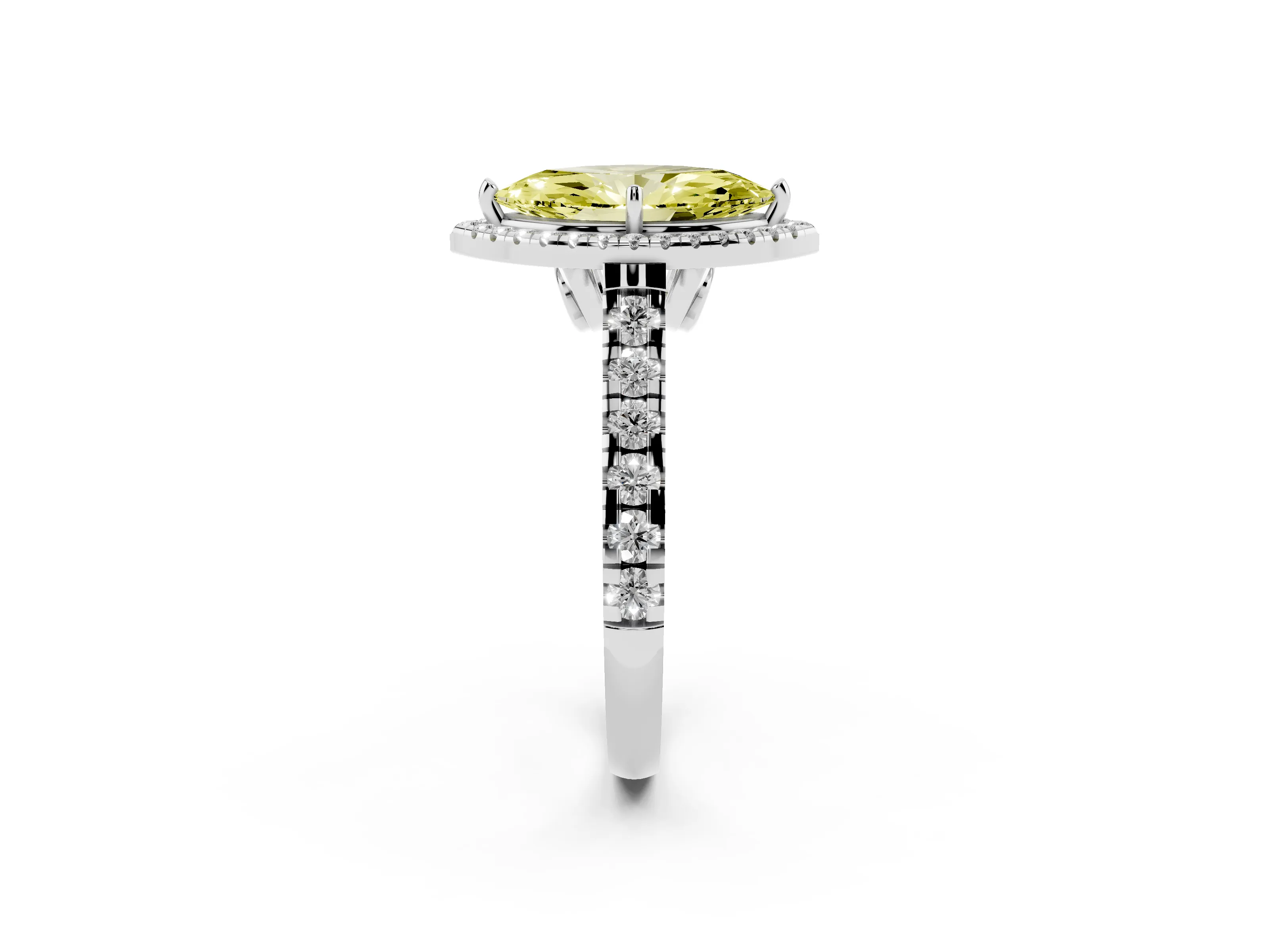 Fancy Yellow Marquise Cut Diamond Halo Engagement Ring Set in Platinum with Pavé Band and Prong-Set Center