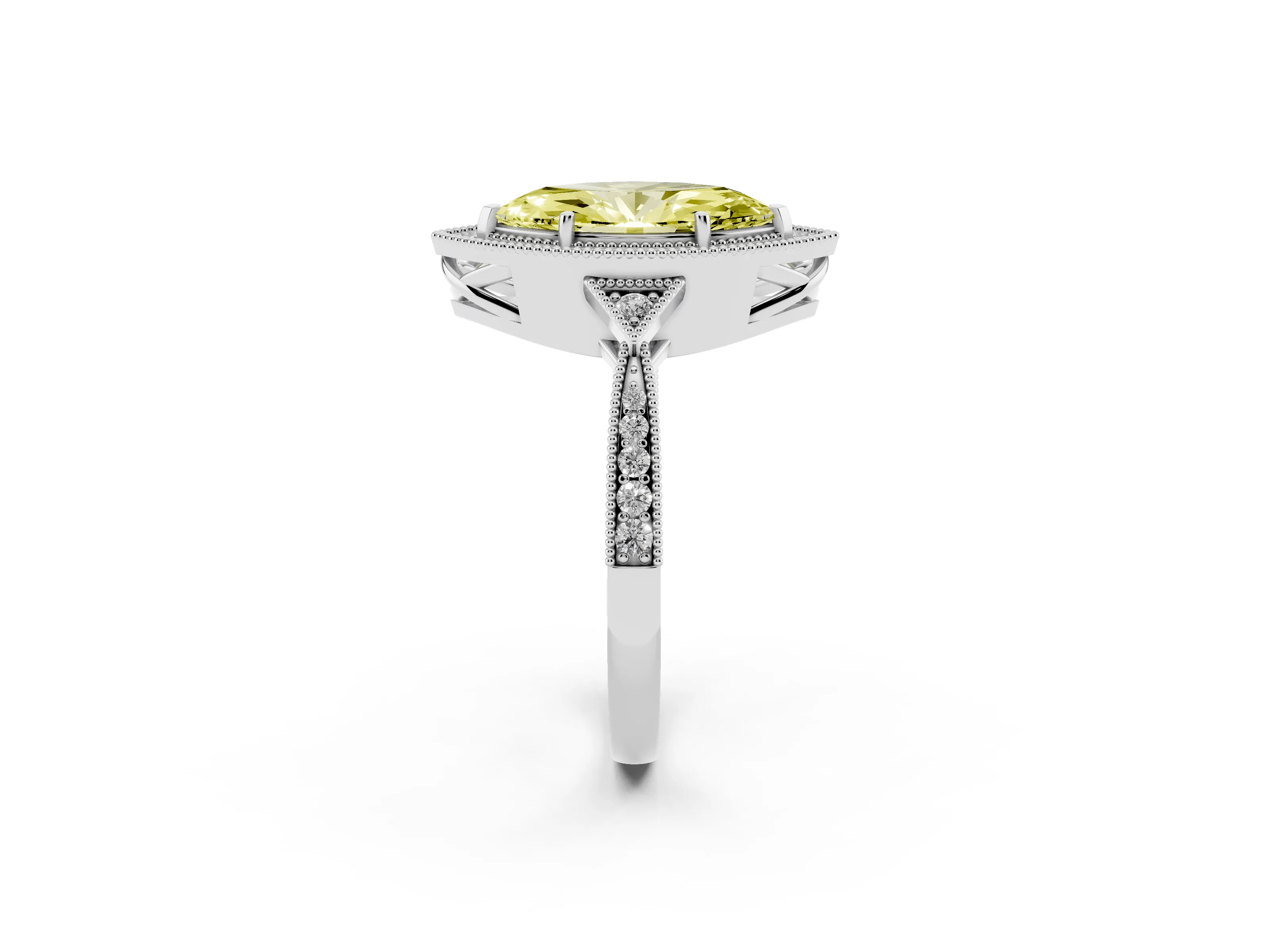 Fancy Yellow Marquise Cut Diamond Halo Engagement Ring Set in Platinum with Milgrain Pavé Band