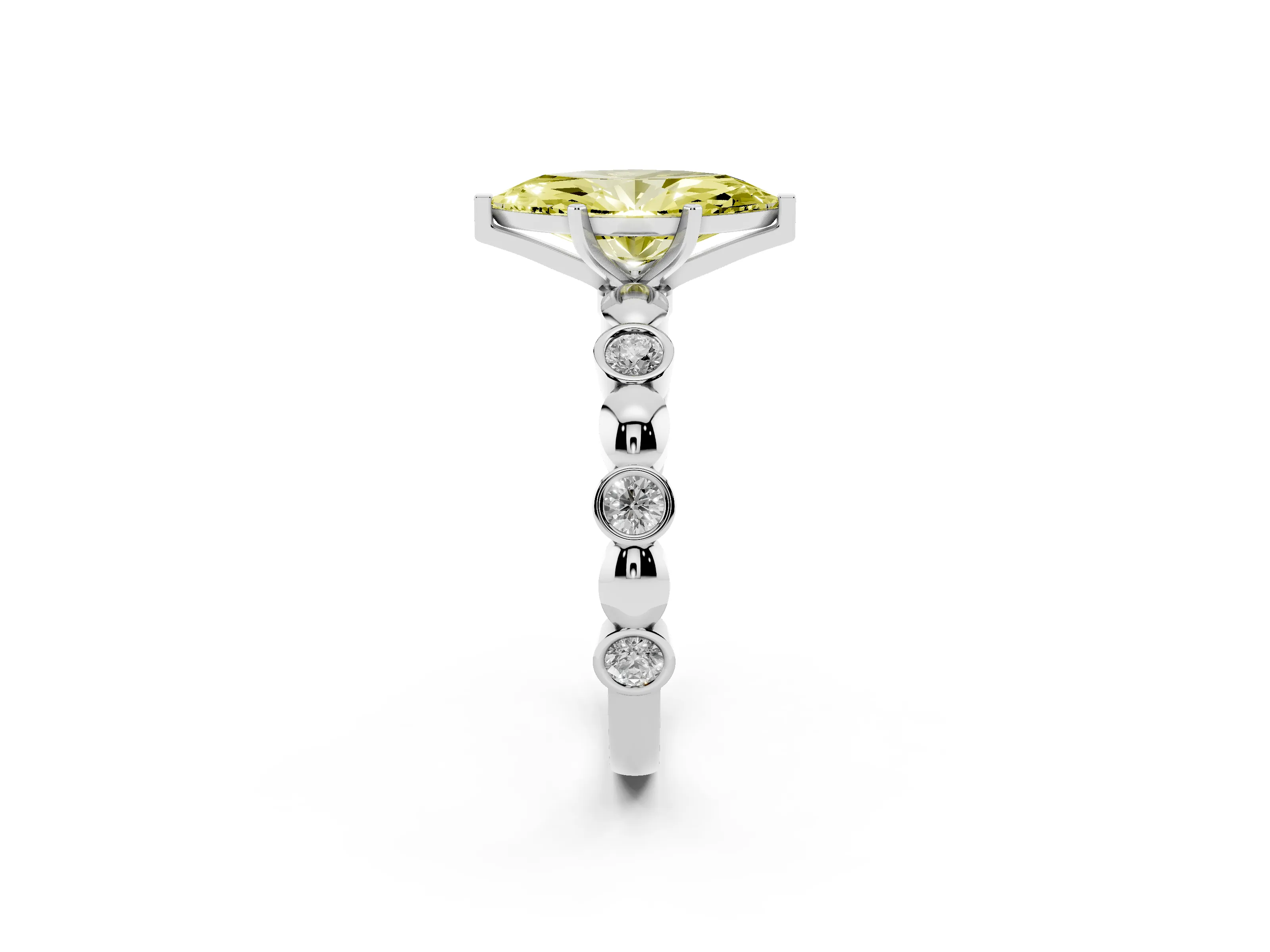 Fancy Yellow Marquise Cut Diamond Solitaire Ring Set in Platinum with Bezel-Set Accents on Beaded Band and Prong Setting