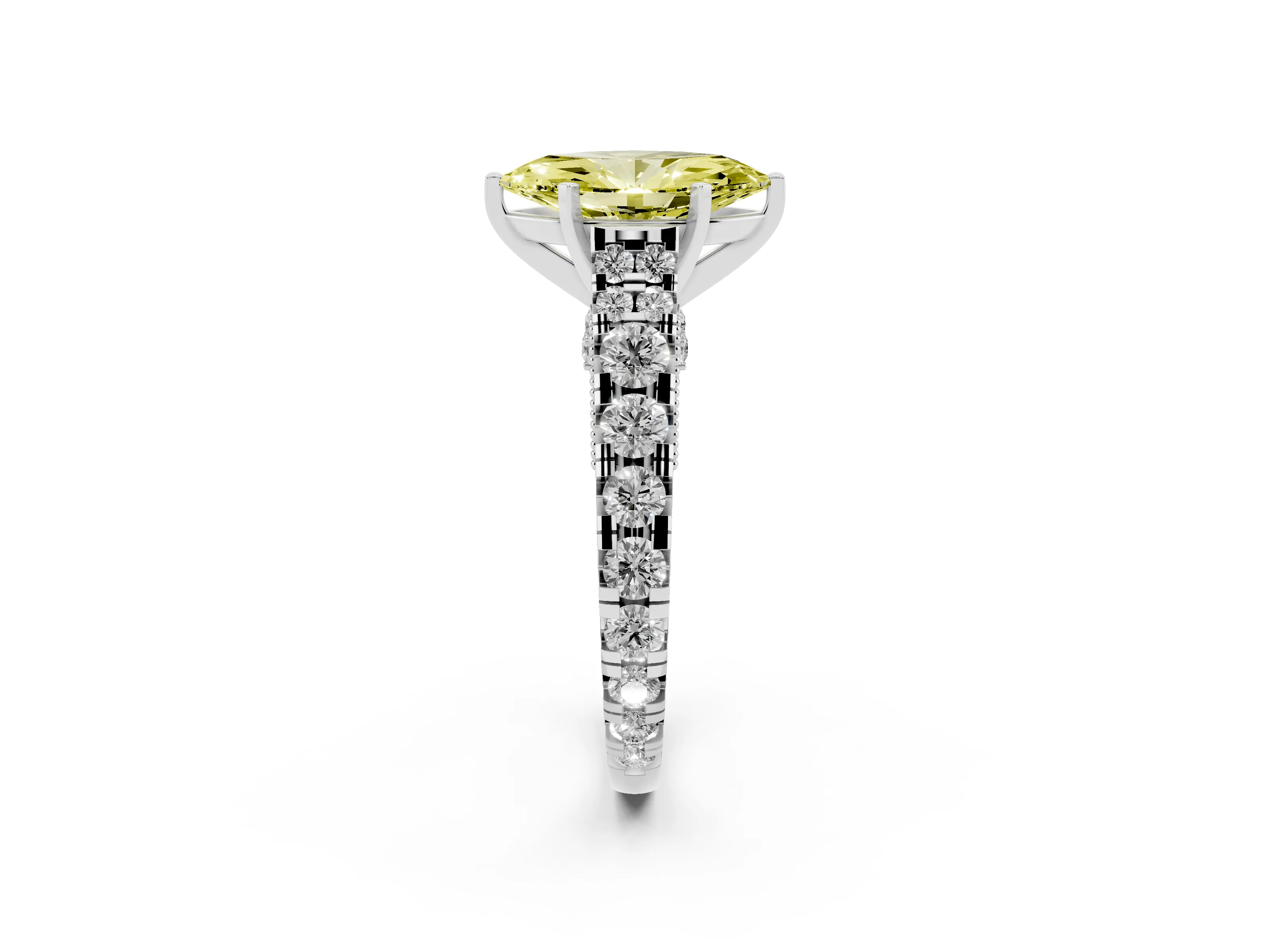 Fancy Yellow Marquise Cut Diamond Classic Solitaire Ring Set in Silver with Pavé Band and Prong Setting