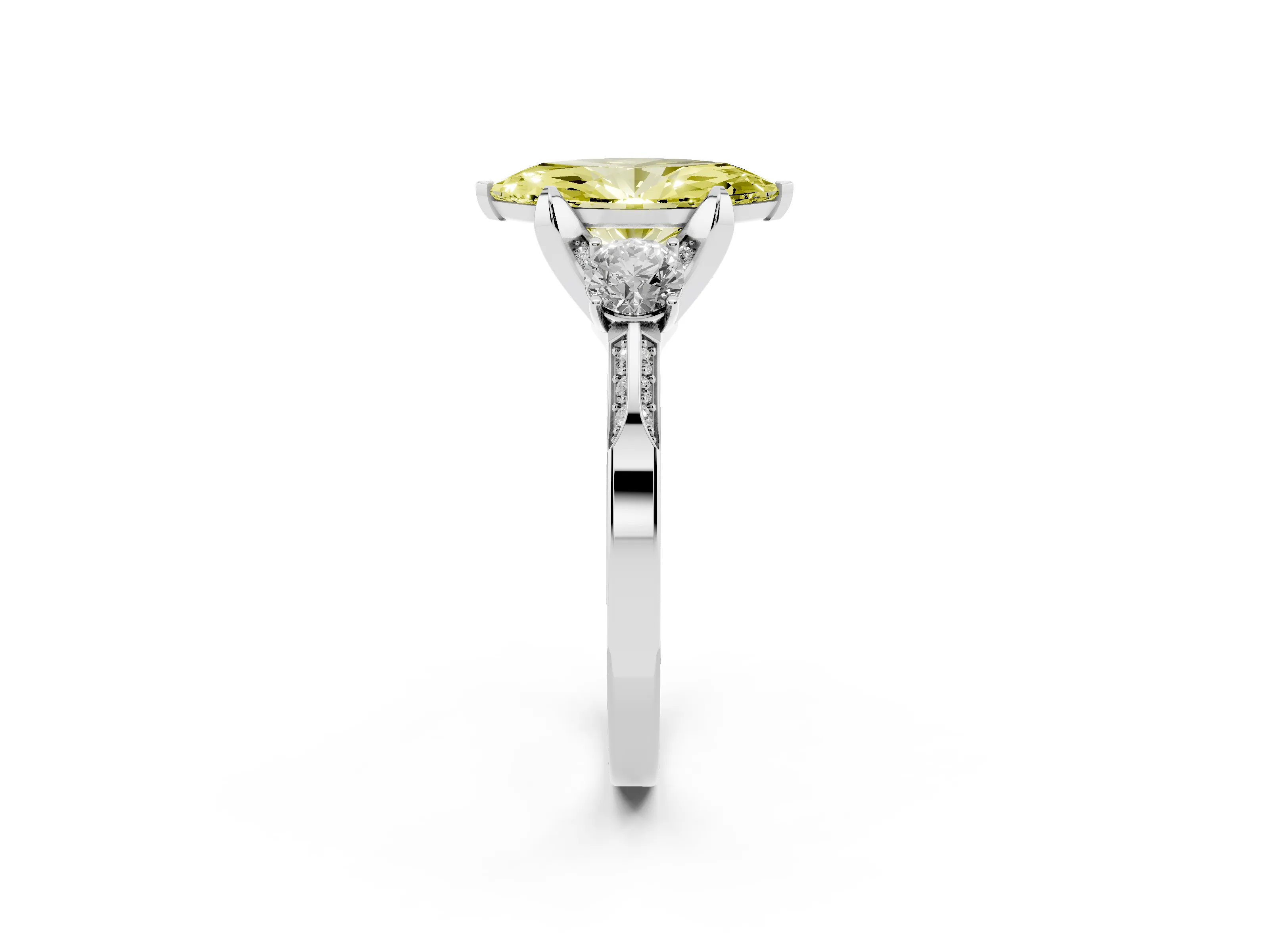 Fancy Yellow Marquise Cut Diamond Three-Stone Ring Set in Platinum with Pavé Band and Smaller Side Stones