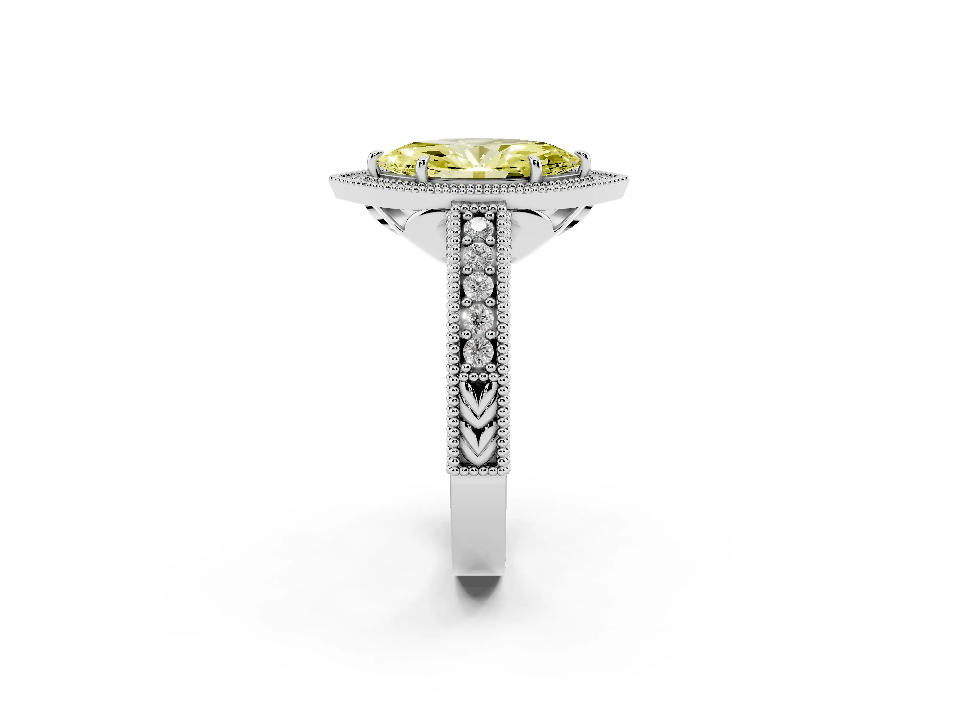 Fancy Yellow Marquise Cut Diamond Halo Ring Set in Silver with Round Accent Halo, Pavé Band and Prong Setting