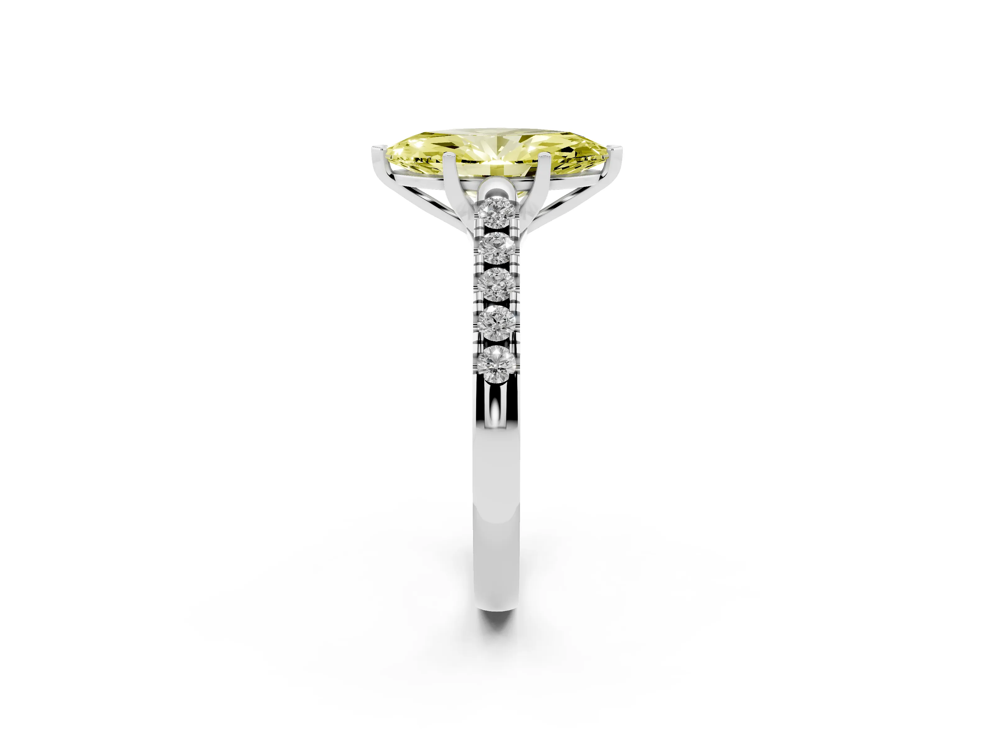 Fancy Yellow Marquise Cut Diamond Pavé Band Solitaire Ring Set in White gold with Partway Accent Stones and Prong Setting