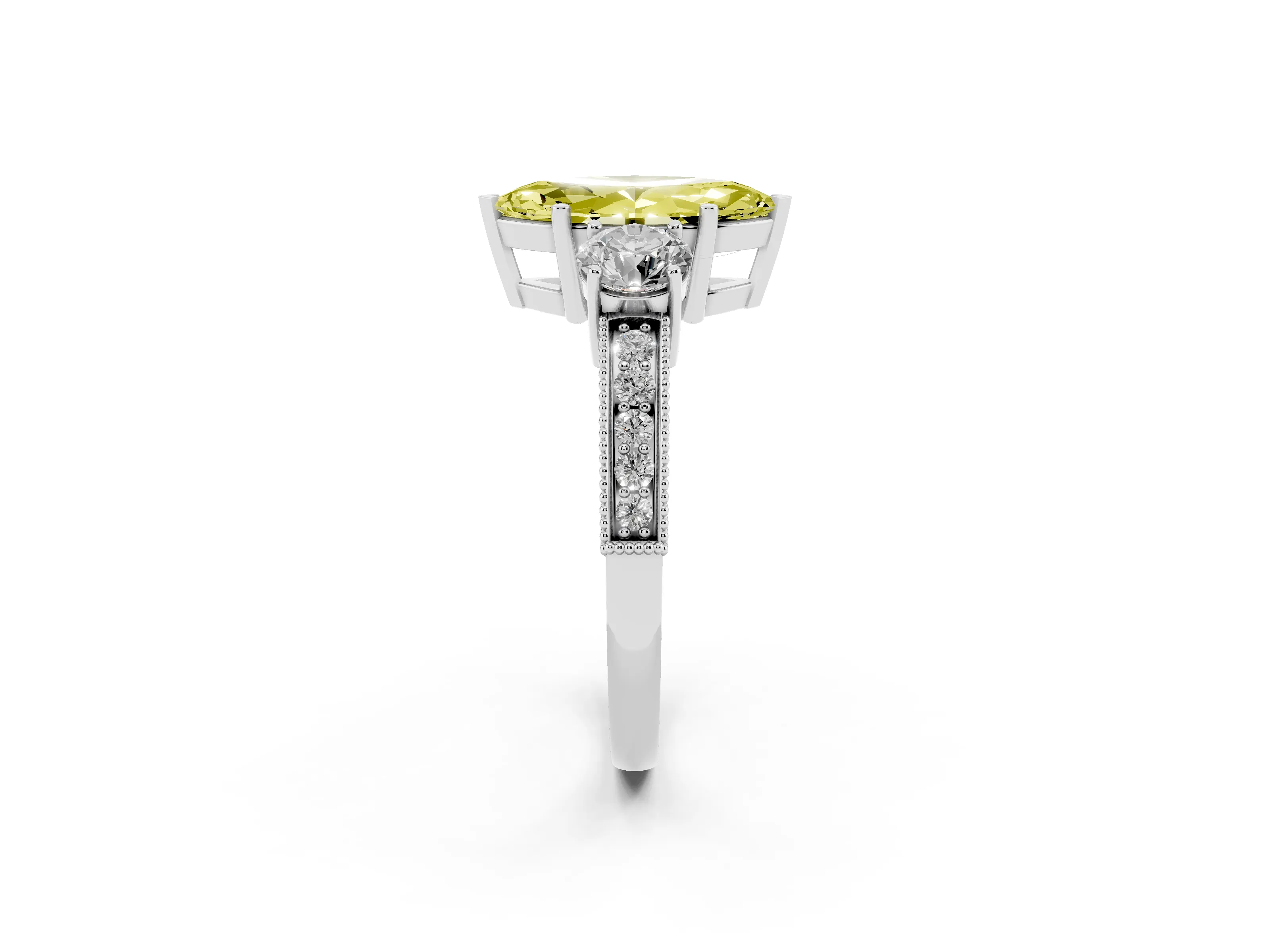 Fancy Yellow Marquise Cut Diamond Three-Stone Ring Set in White gold with Round Side Stones and Pavé Band