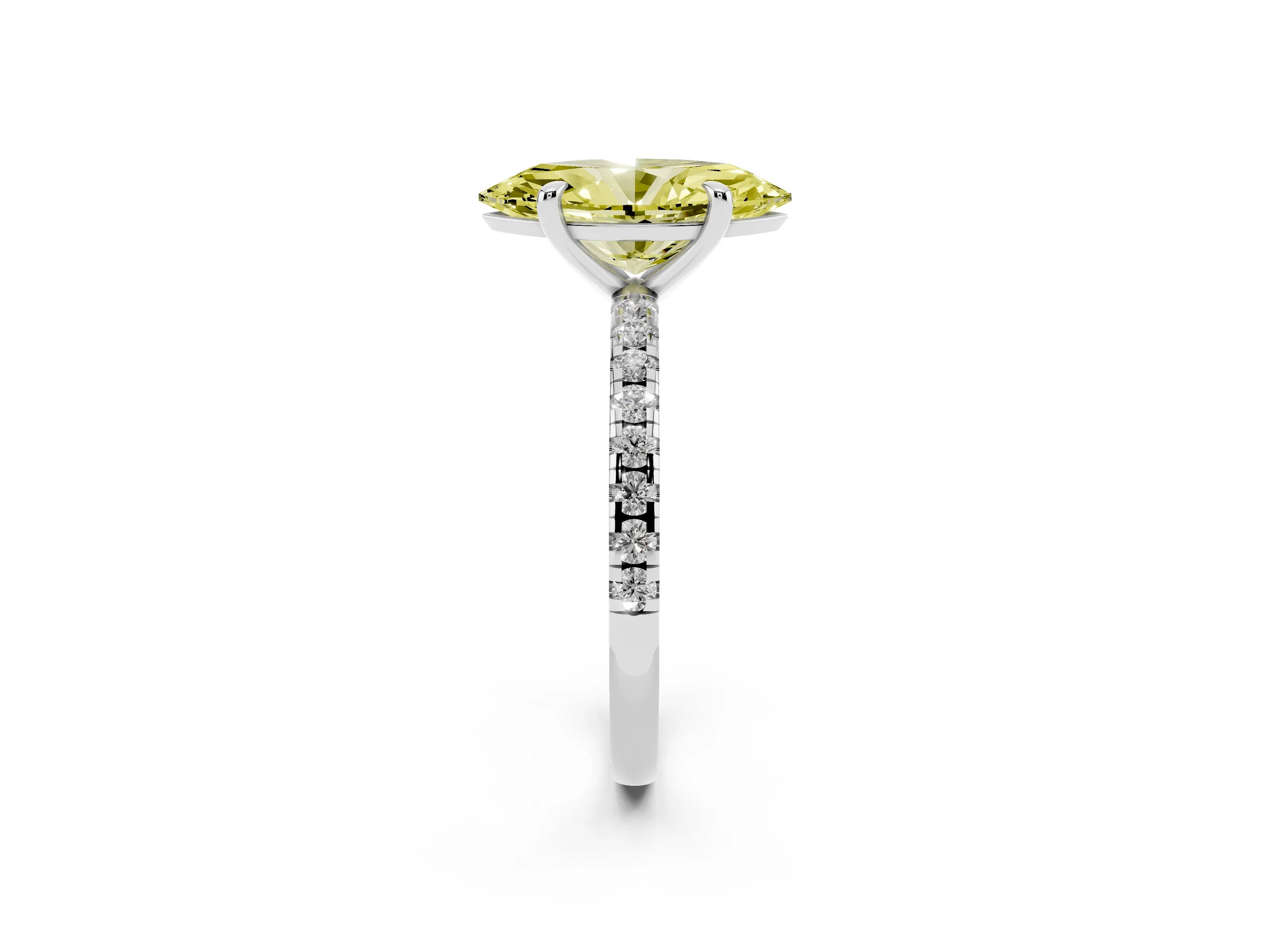 Fancy Yellow Marquise Cut Diamond Brilliant Solitaire Ring Set in White gold with Pavé Band and Prong Setting
