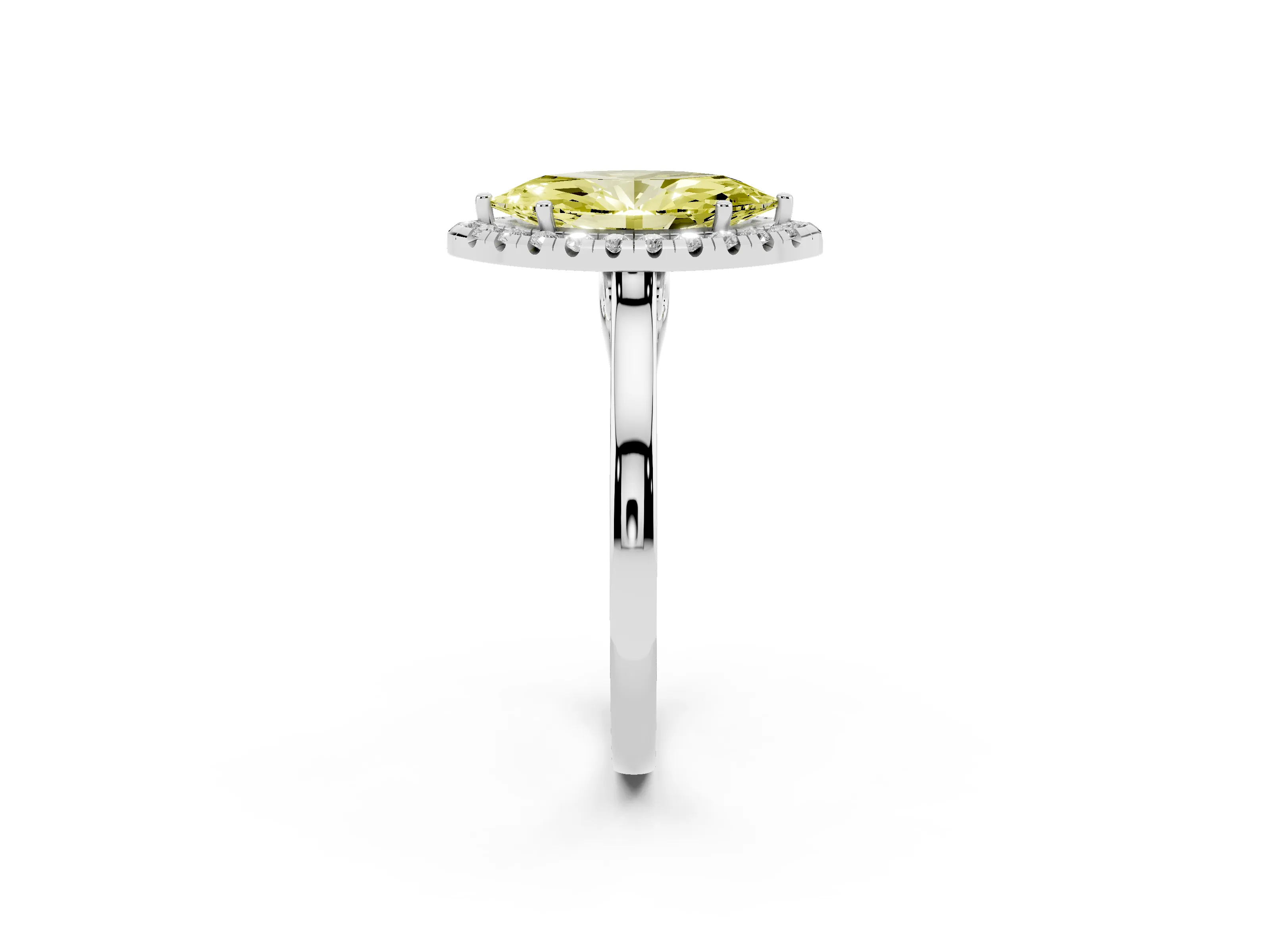 Fancy Yellow Marquise Cut Halo Round Diamond Solitaire Ring Set in Platinum with Pavé Band and Prong Setting