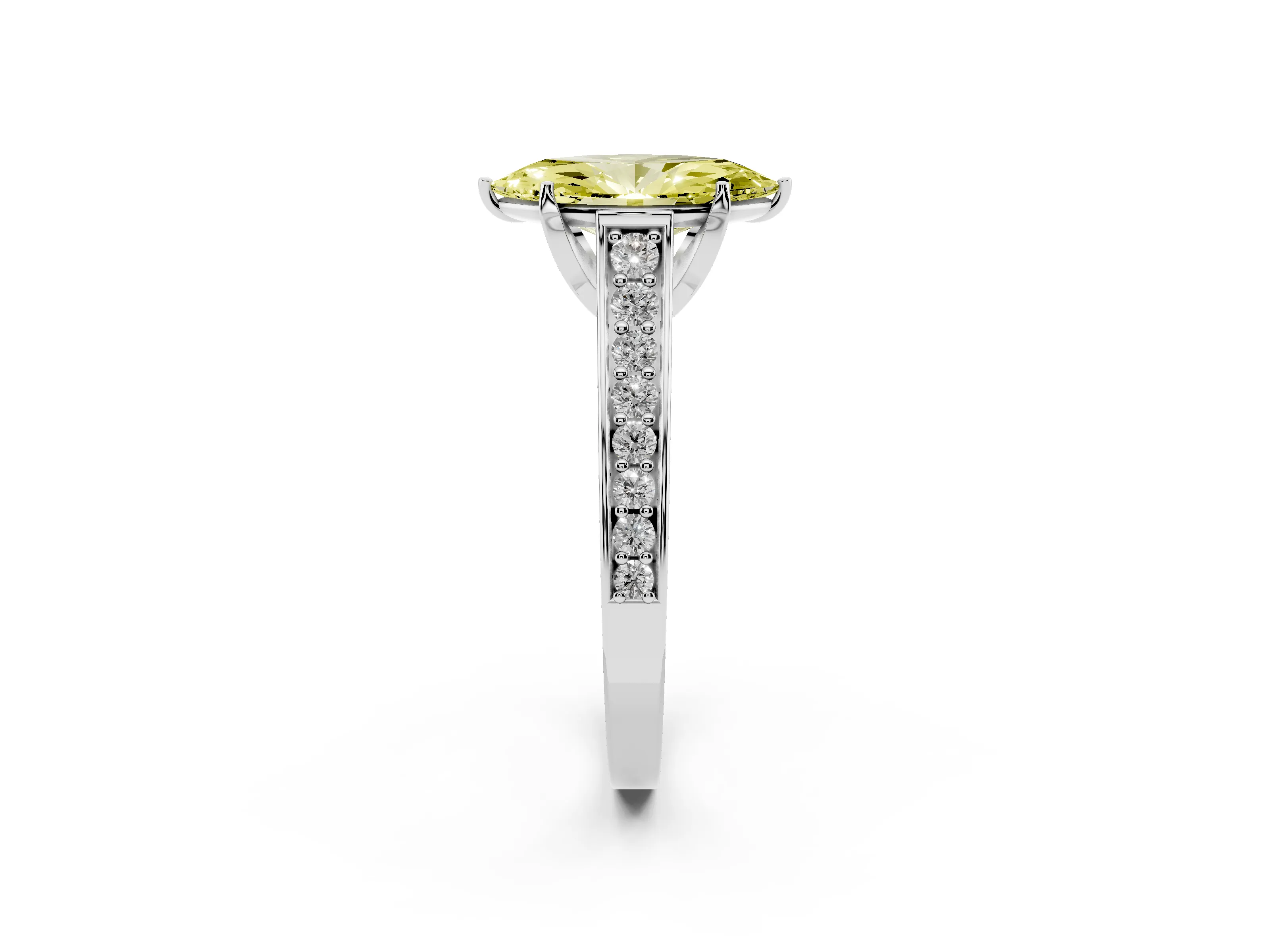 Fancy Yellow Marquise Cut Diamond Solitaire Pavé Engagement Ring Set in White gold with Prong Setting