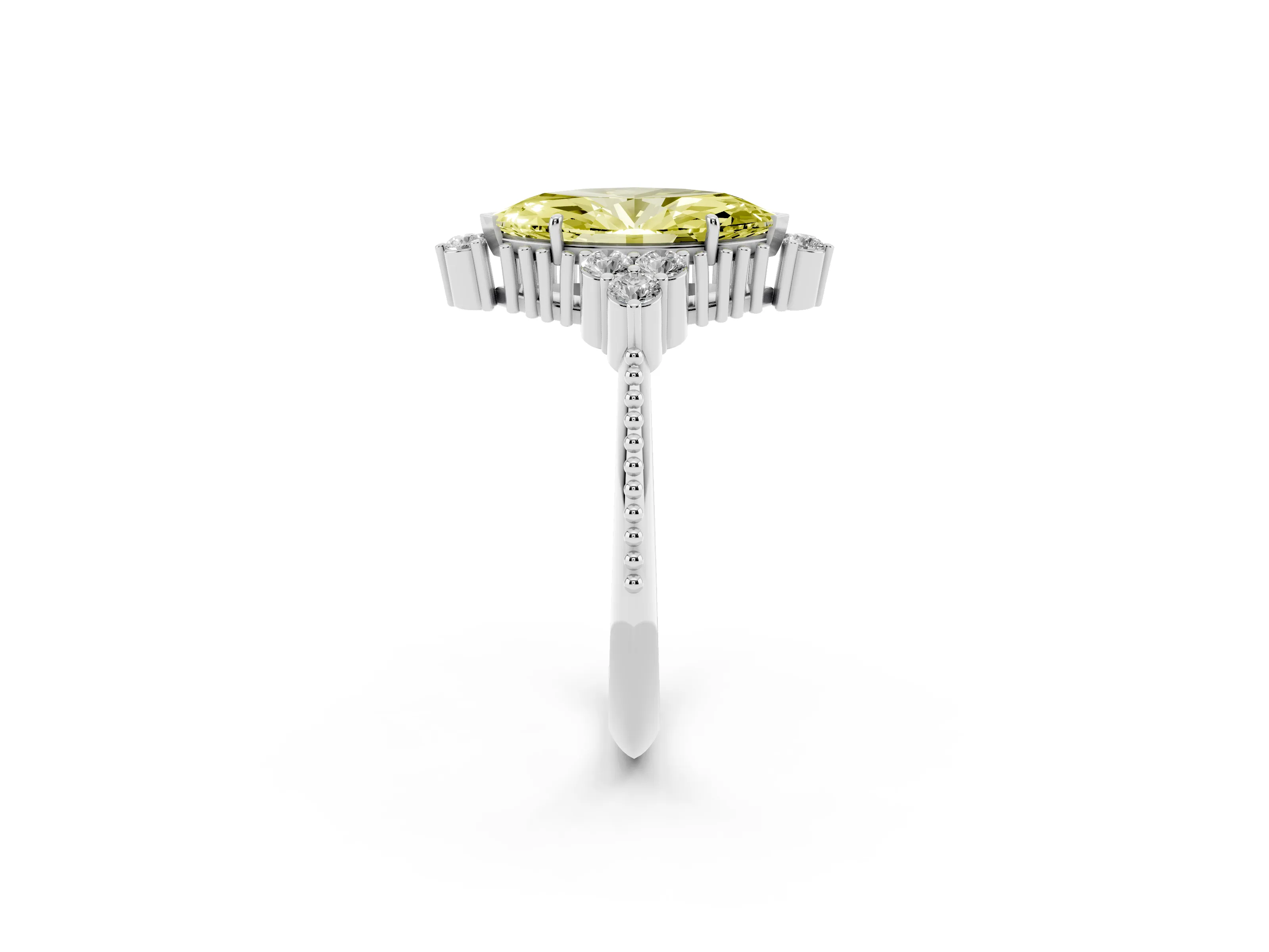 Fancy Yellow Marquise Cut Diamond Cluster Ring Set in White gold with Beaded Band