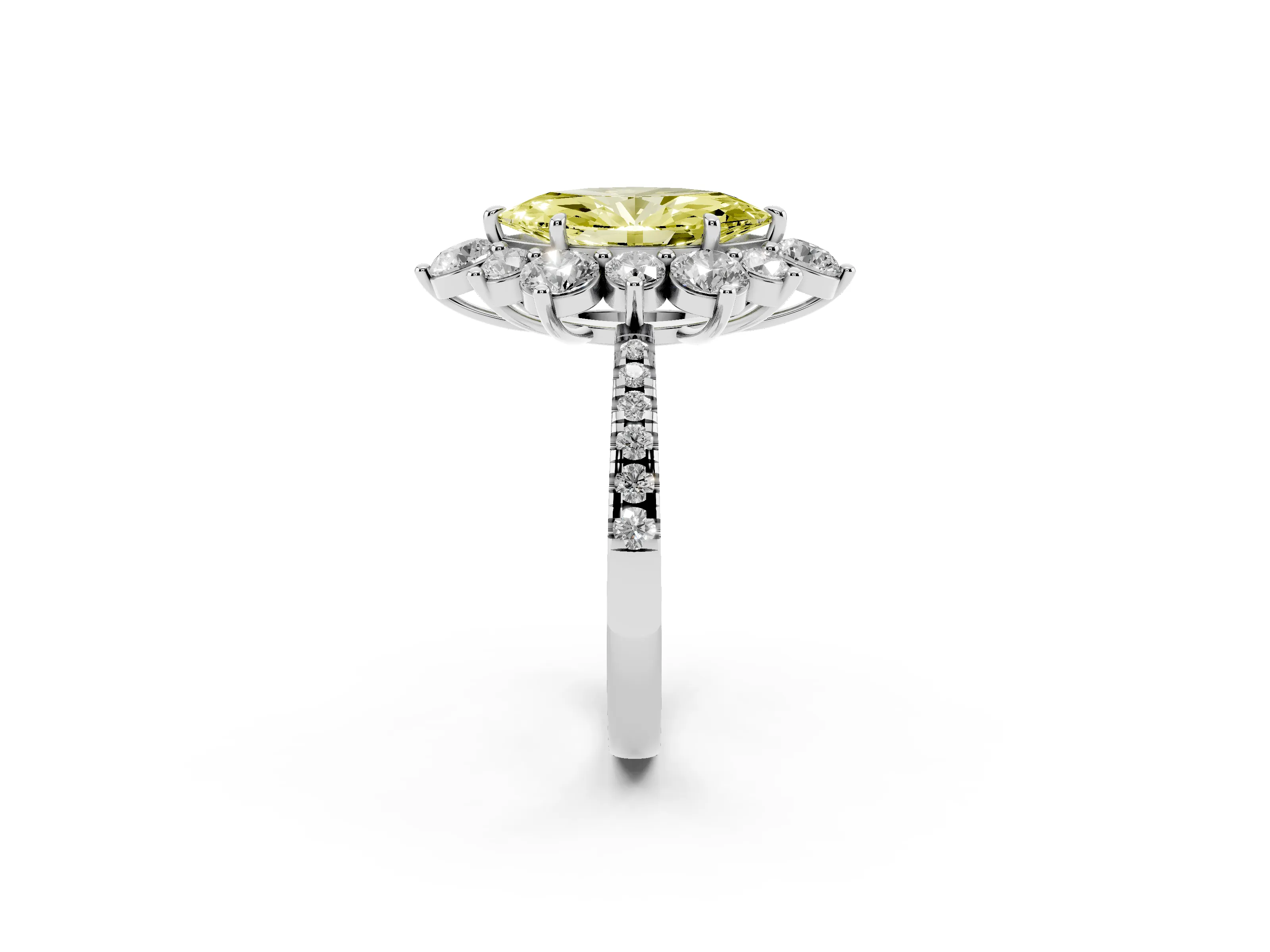 Fancy Yellow Marquise Cut Diamond Floral Halo Ring Set in White gold with Round Pavé Band and Prong Setting