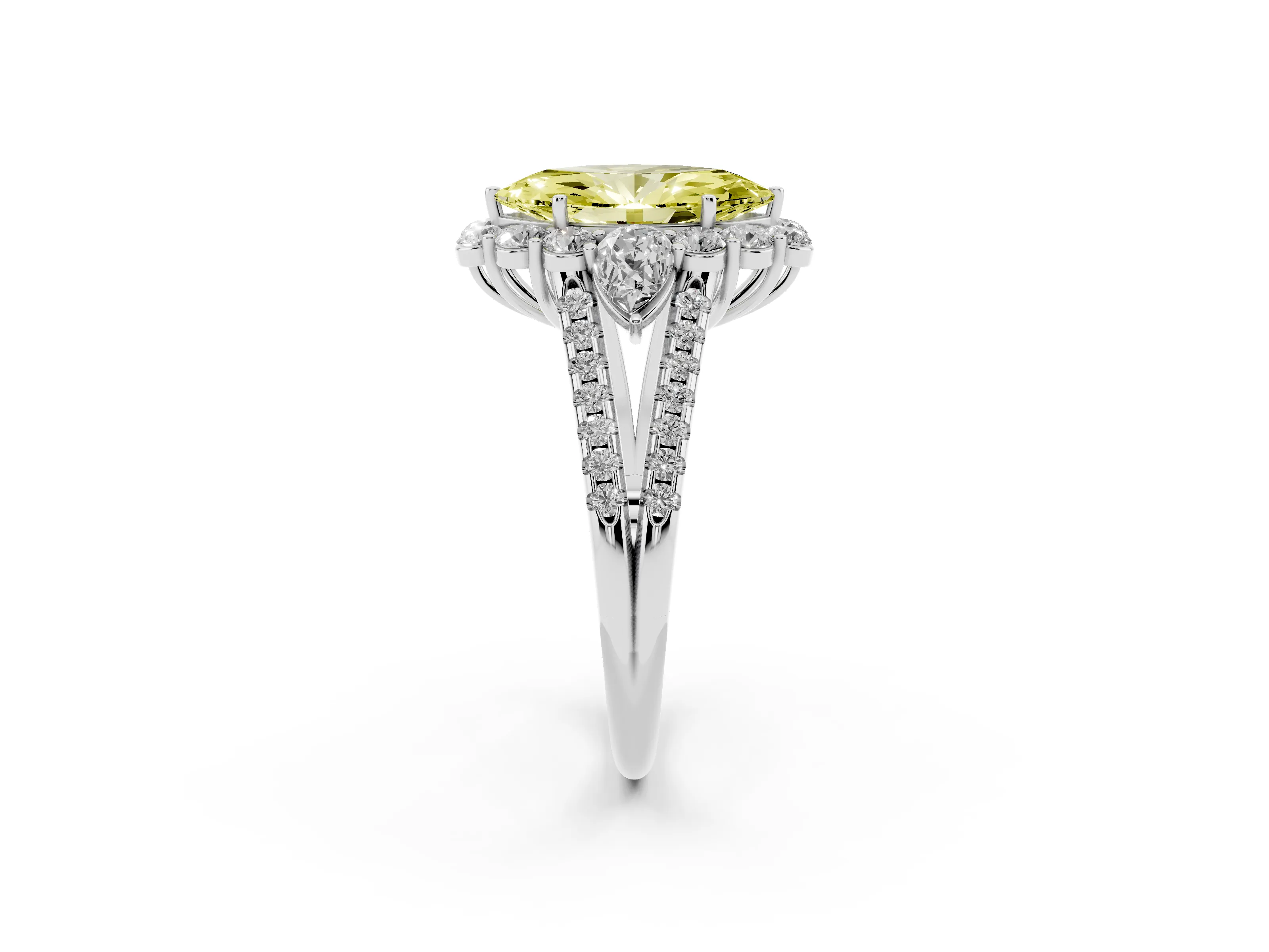 Fancy Yellow Marquise Cut Diamond Halo Split Shank Engagement Ring Set in Platinum with Prong-Held Center Stone