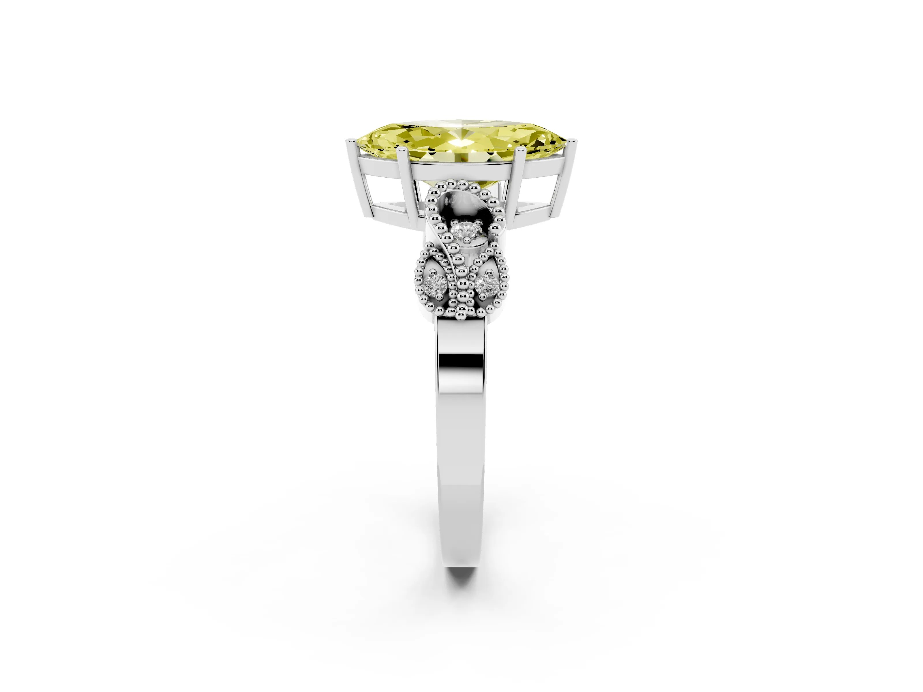 Fancy Yellow Marquise Cut Diamond Milgrain Leaf Band Solitaire Ring Set in White gold with Accent Stones and Prong Setting