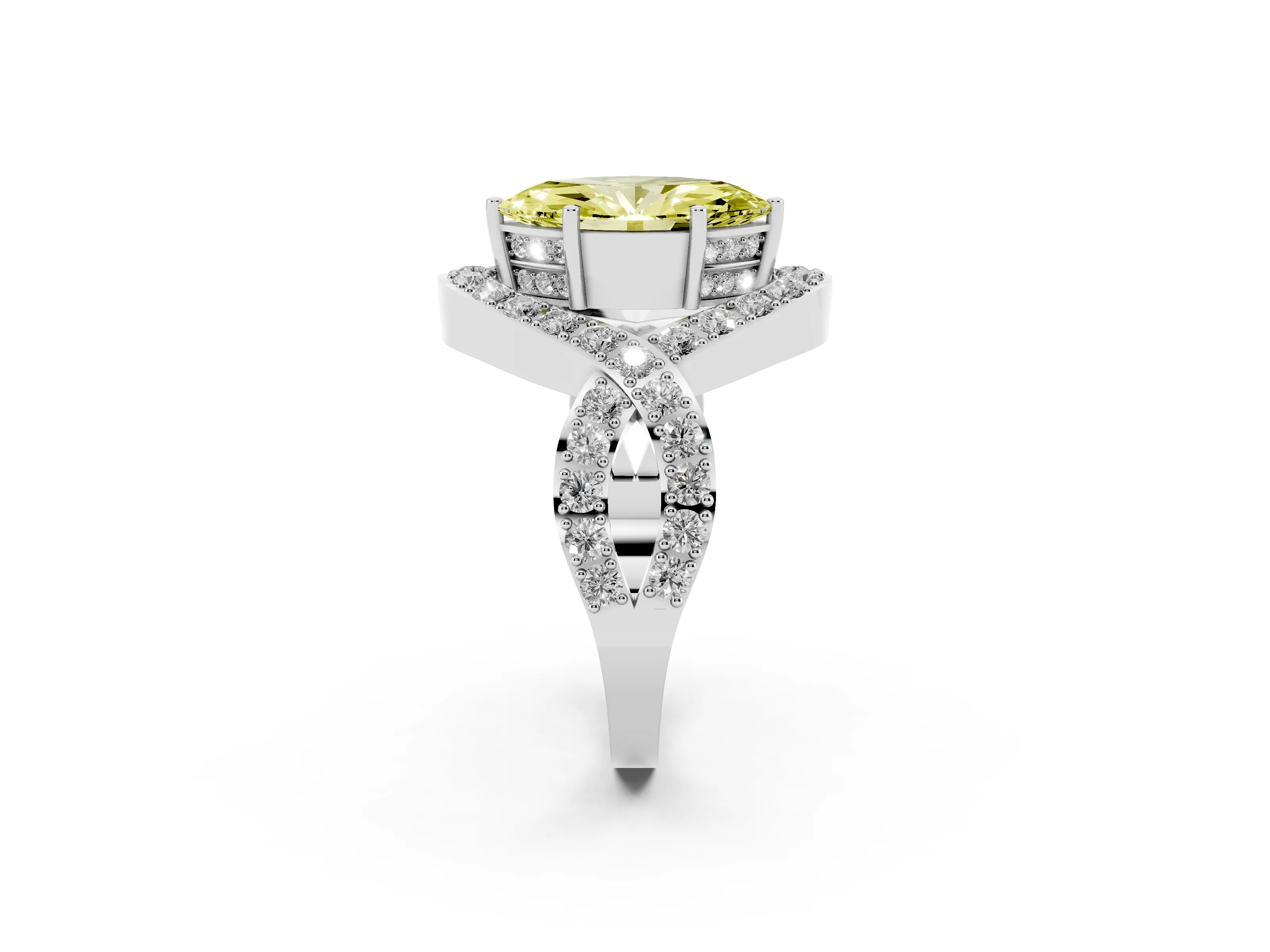 Fancy Yellow Marquise Cut Diamond Solitaire Twist Band Pavé Engagement Ring Set in Platinum