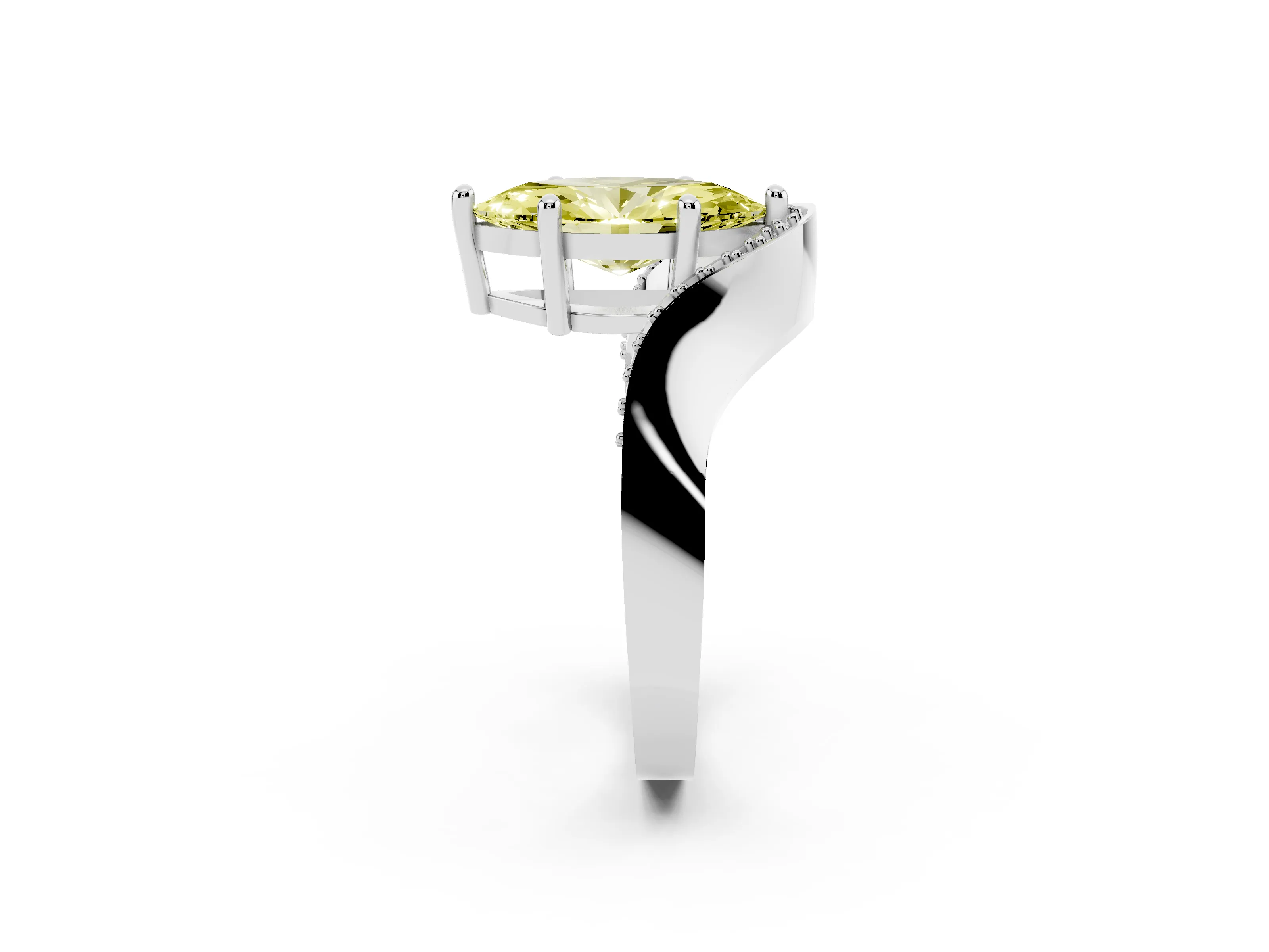 Fancy Yellow Marquise Cut Diamond Solitaire Engagement Ring Set in White gold with Pavé Shoulders