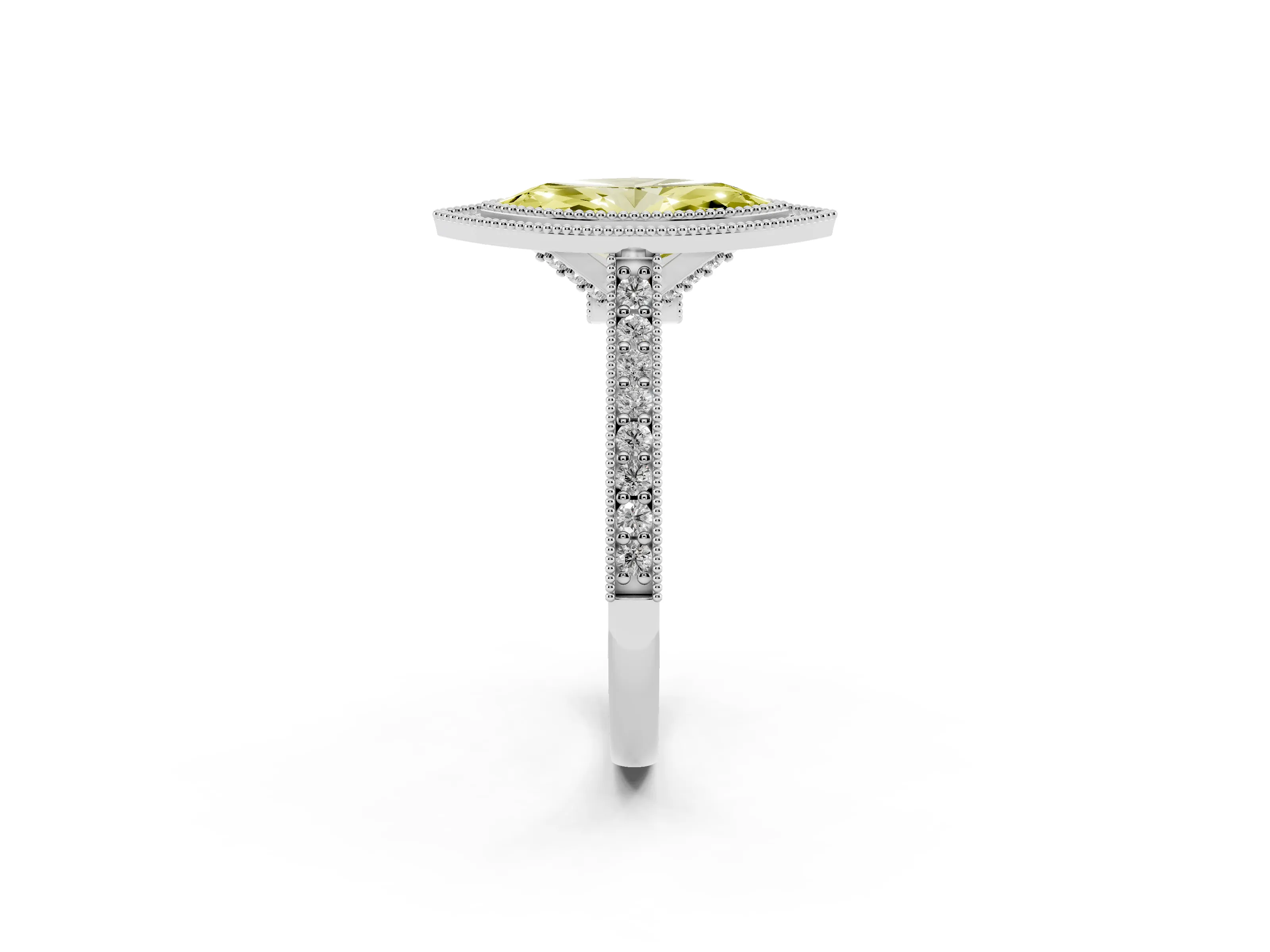 Fancy Yellow Marquise Cut Diamond Halo Milgrain Pavé Band Ring Set in Platinum with Prong Setting