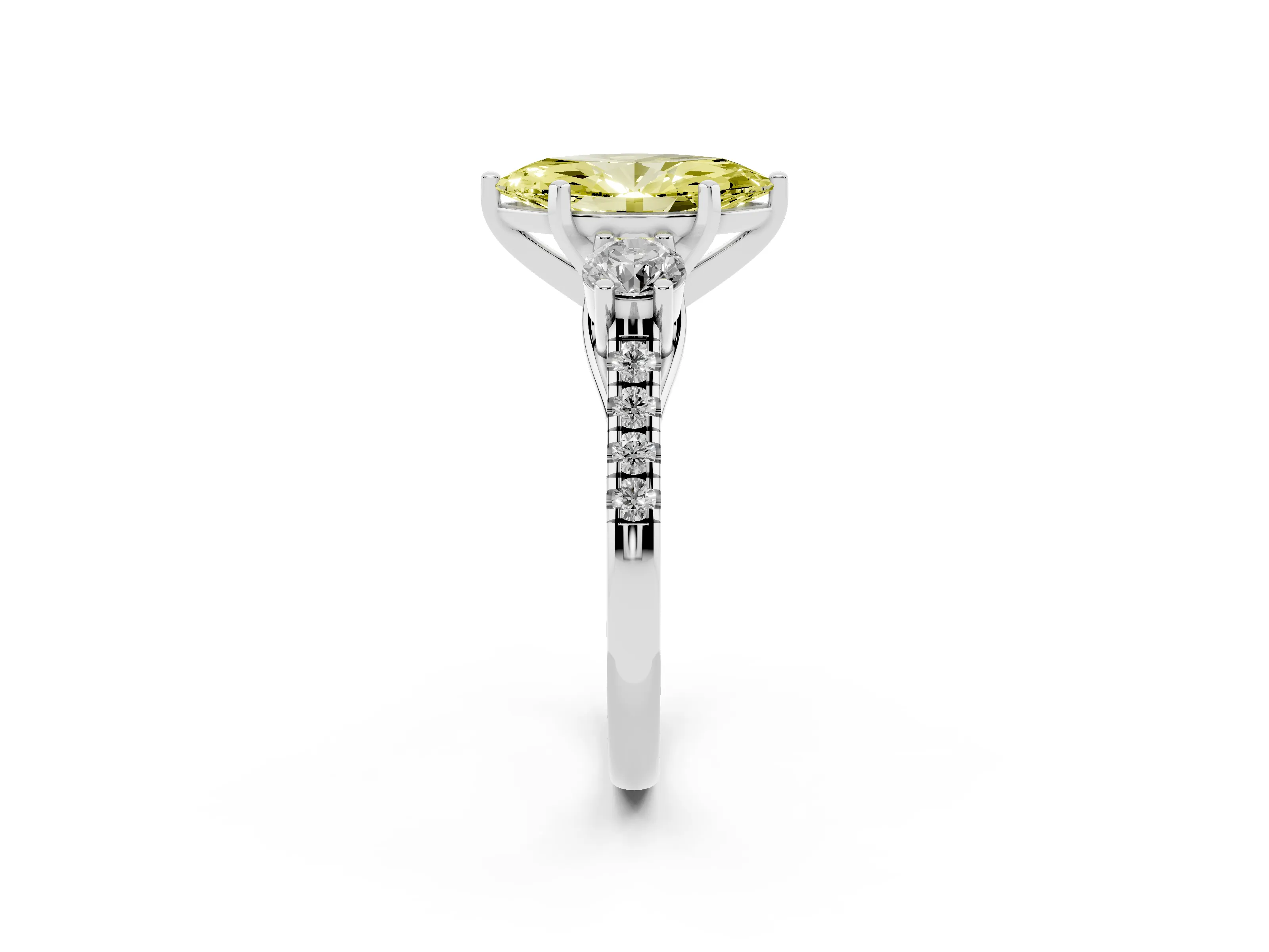 Fancy Yellow Three-Stone Marquise Cut Diamond Pavé Band Ring Set in Platinum with Prong-Set Trio