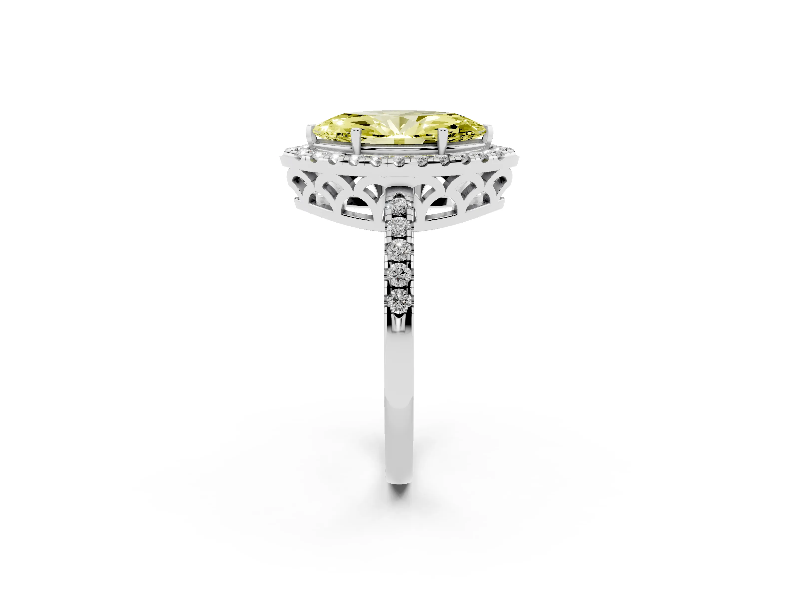 Fancy Yellow Marquise Cut Diamond Pavé Band Halo Engagement Ring Set in Silver with Prong Setting